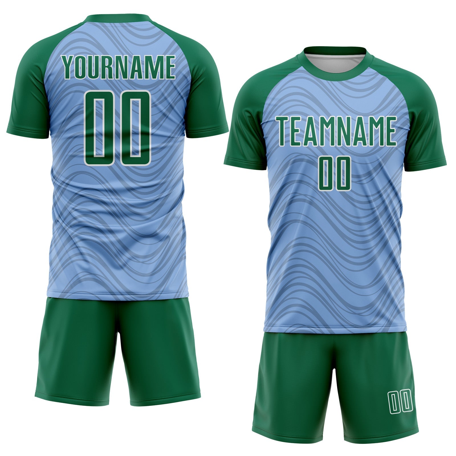 Custom Light Blue Kelly Green-White Wavy Lines Sports Sublimation Soccer Uniform Jersey