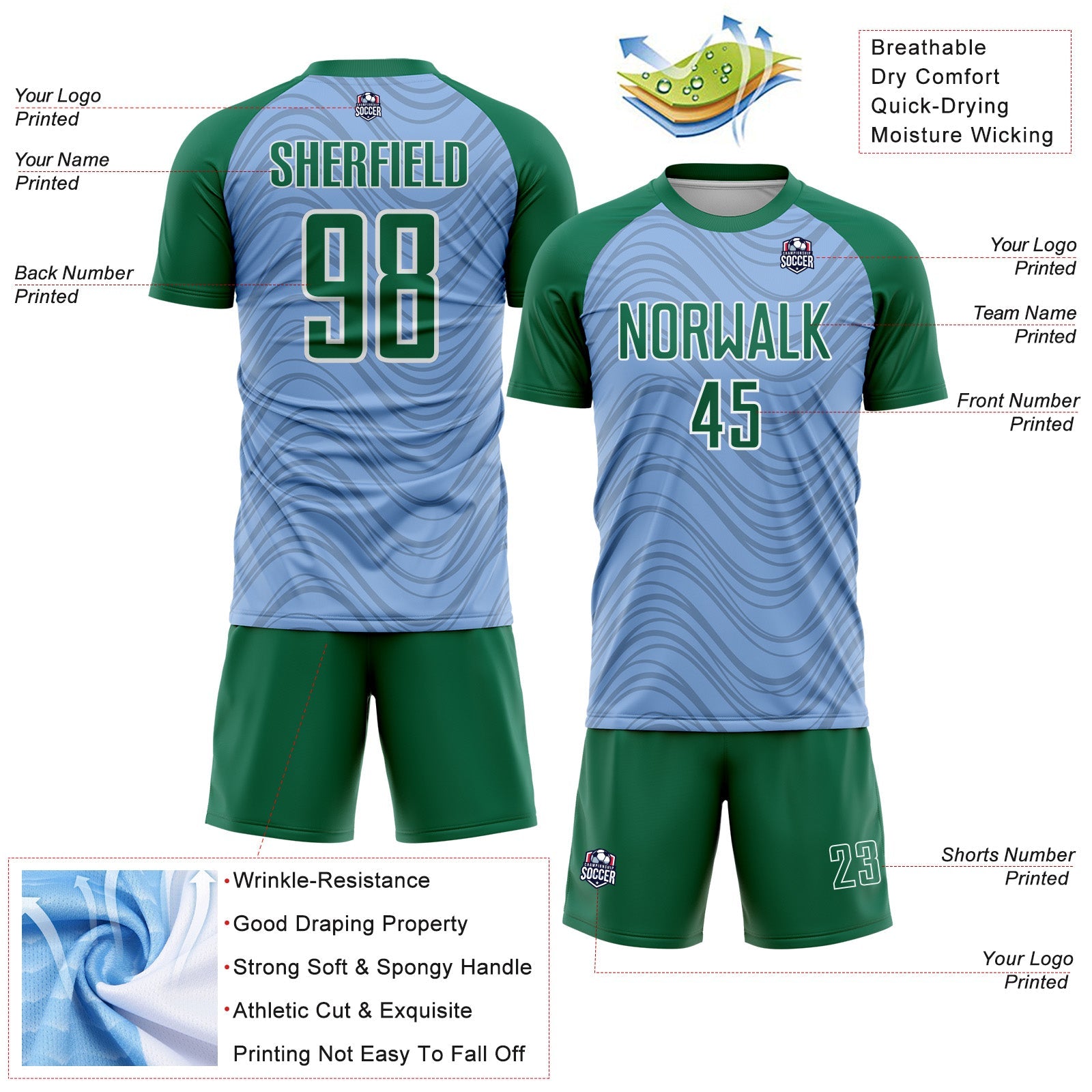 Custom Light Blue Kelly Green-White Wavy Lines Sports Sublimation Soccer Uniform Jersey
