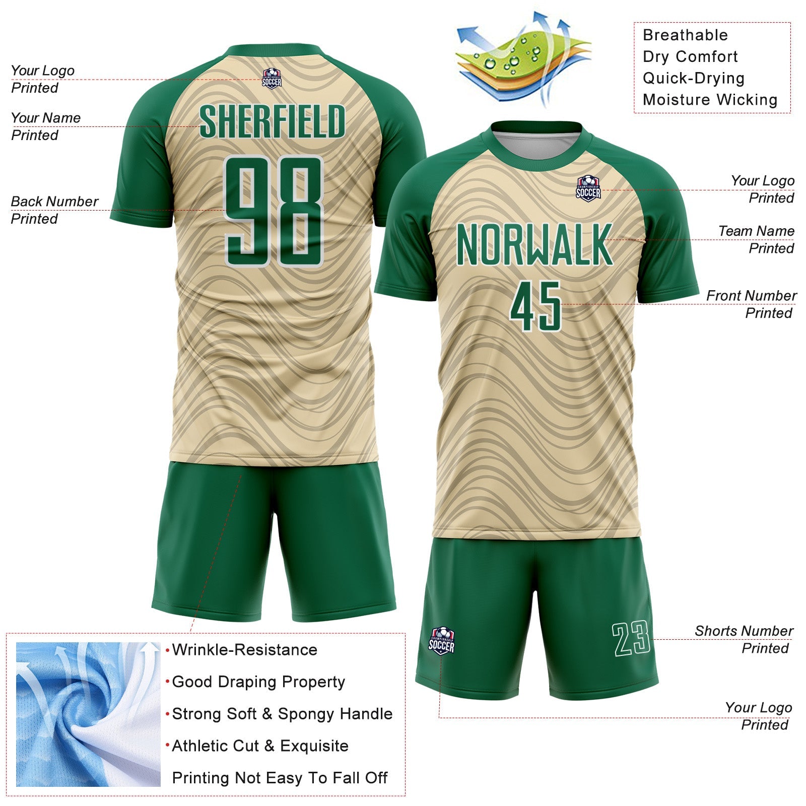 Custom Cream Kelly Green-White Wavy Lines Sports Sublimation Soccer Uniform Jersey