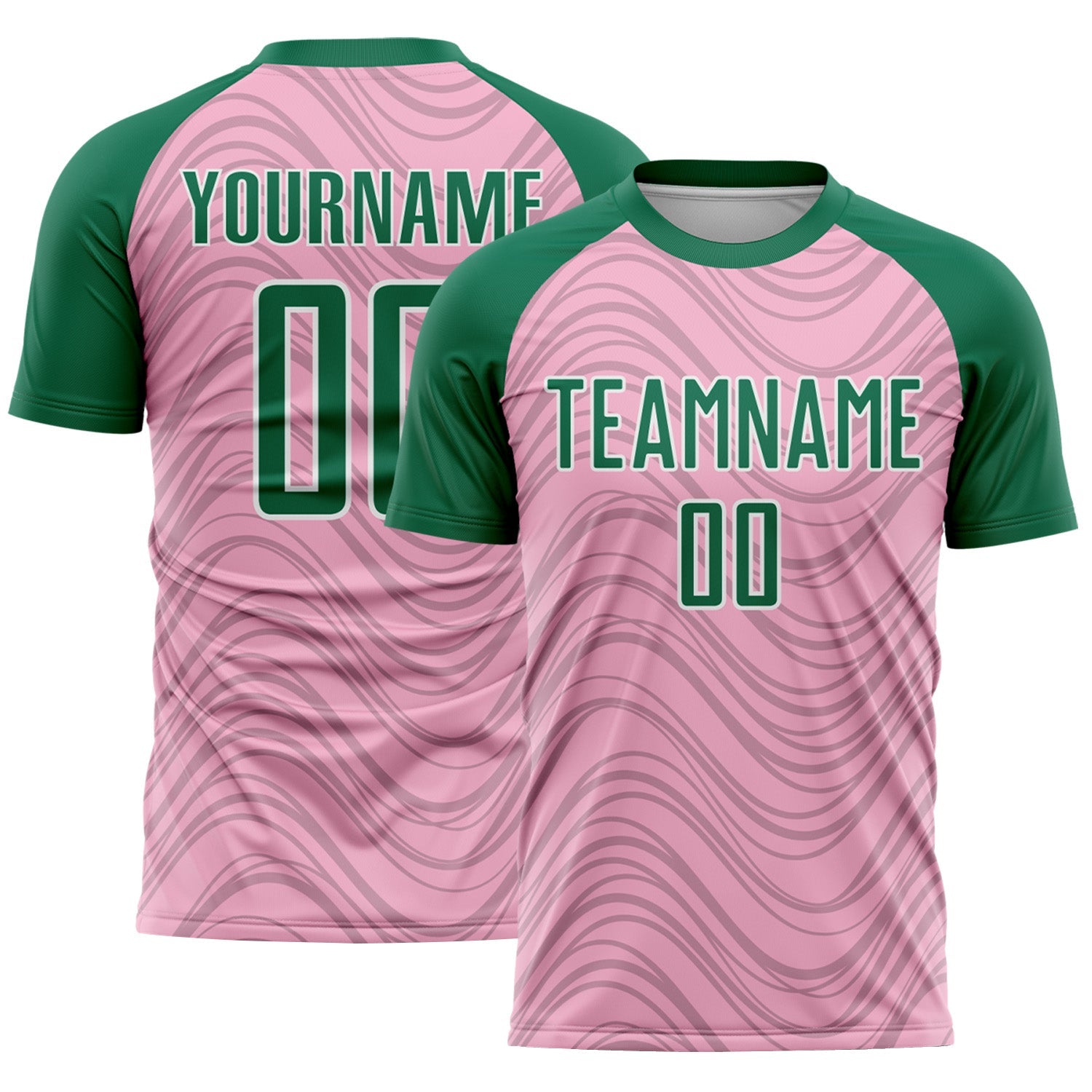 Custom Light Pink Kelly Green-White Wavy Lines Sports Sublimation Soccer Uniform Jersey