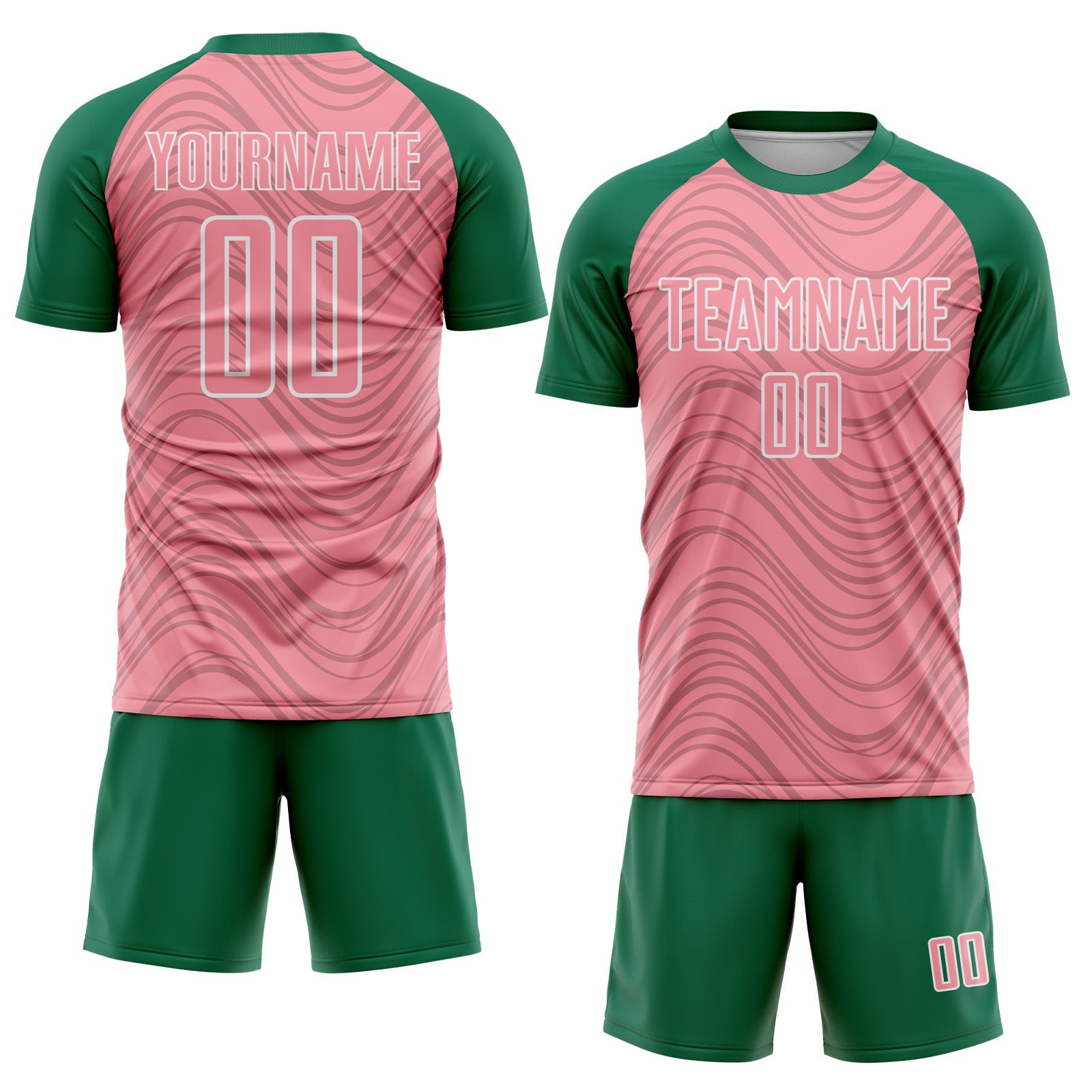 Custom Medium Pink Kelly Green-White Wavy Lines Sports Sublimation Soccer Uniform Jersey