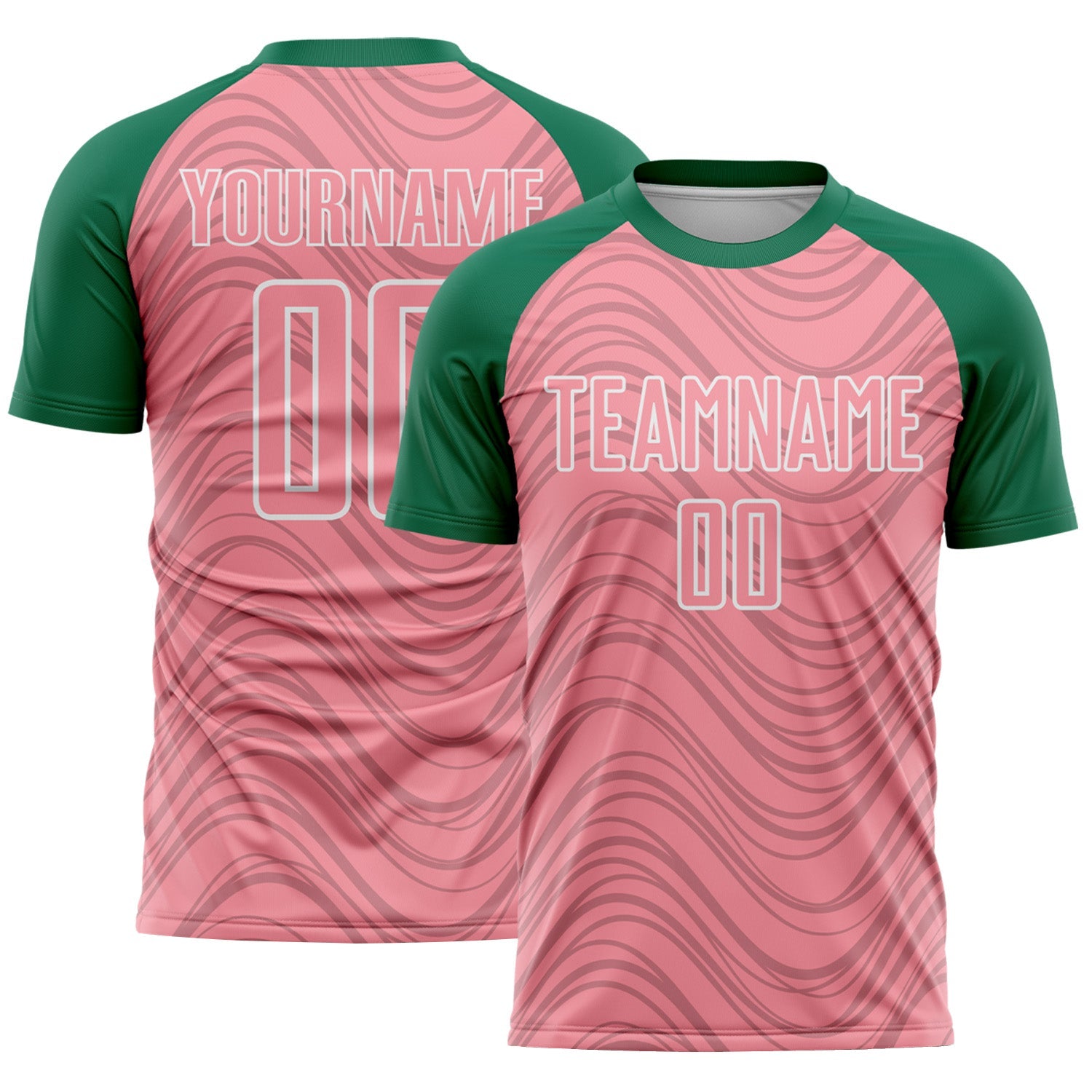 Custom Medium Pink Kelly Green-White Wavy Lines Sports Sublimation Soccer Uniform Jersey