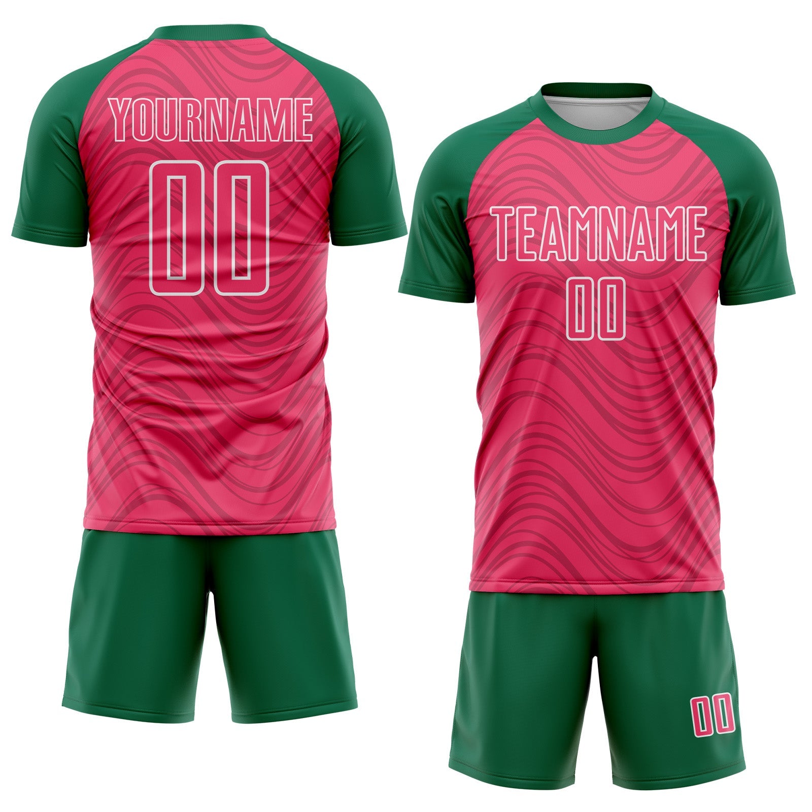 Custom Neon Pink Kelly Green-White Wavy Lines Sports Sublimation Soccer Uniform Jersey