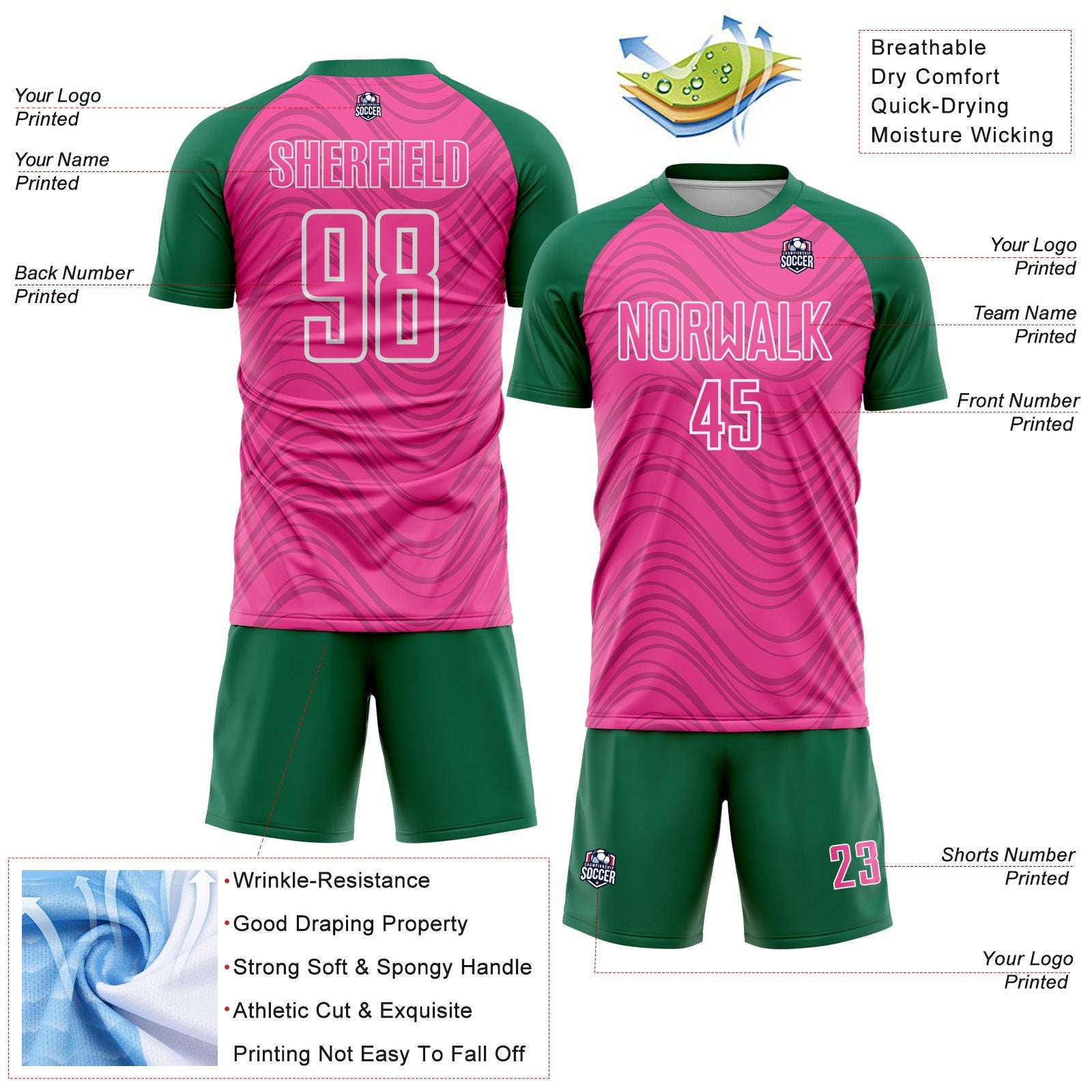 Custom Pink Kelly Green-White Wavy Lines Sports Sublimation Soccer Uniform Jersey