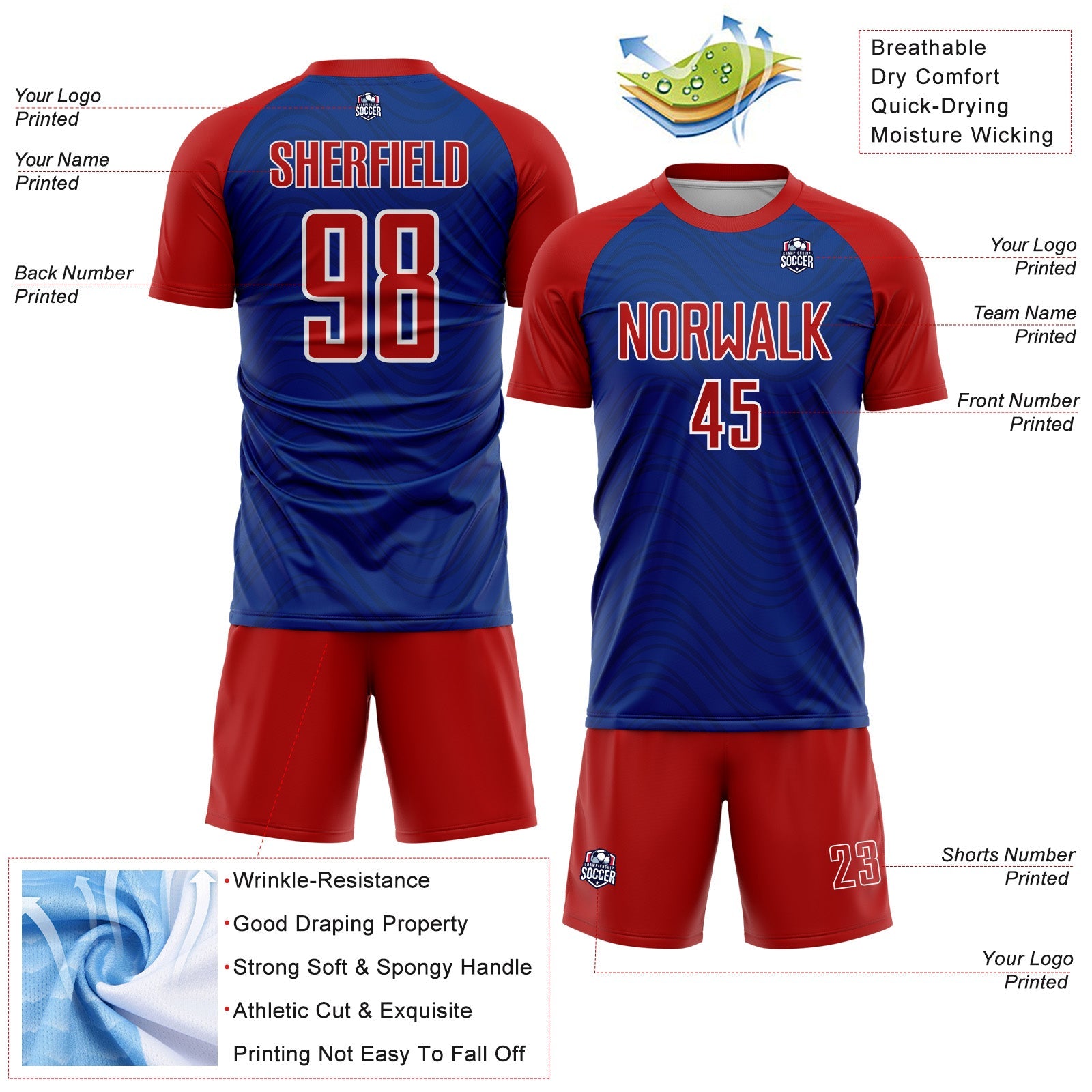 Custom Royal Red-White Wavy Lines Sports Sublimation Soccer Uniform Jersey