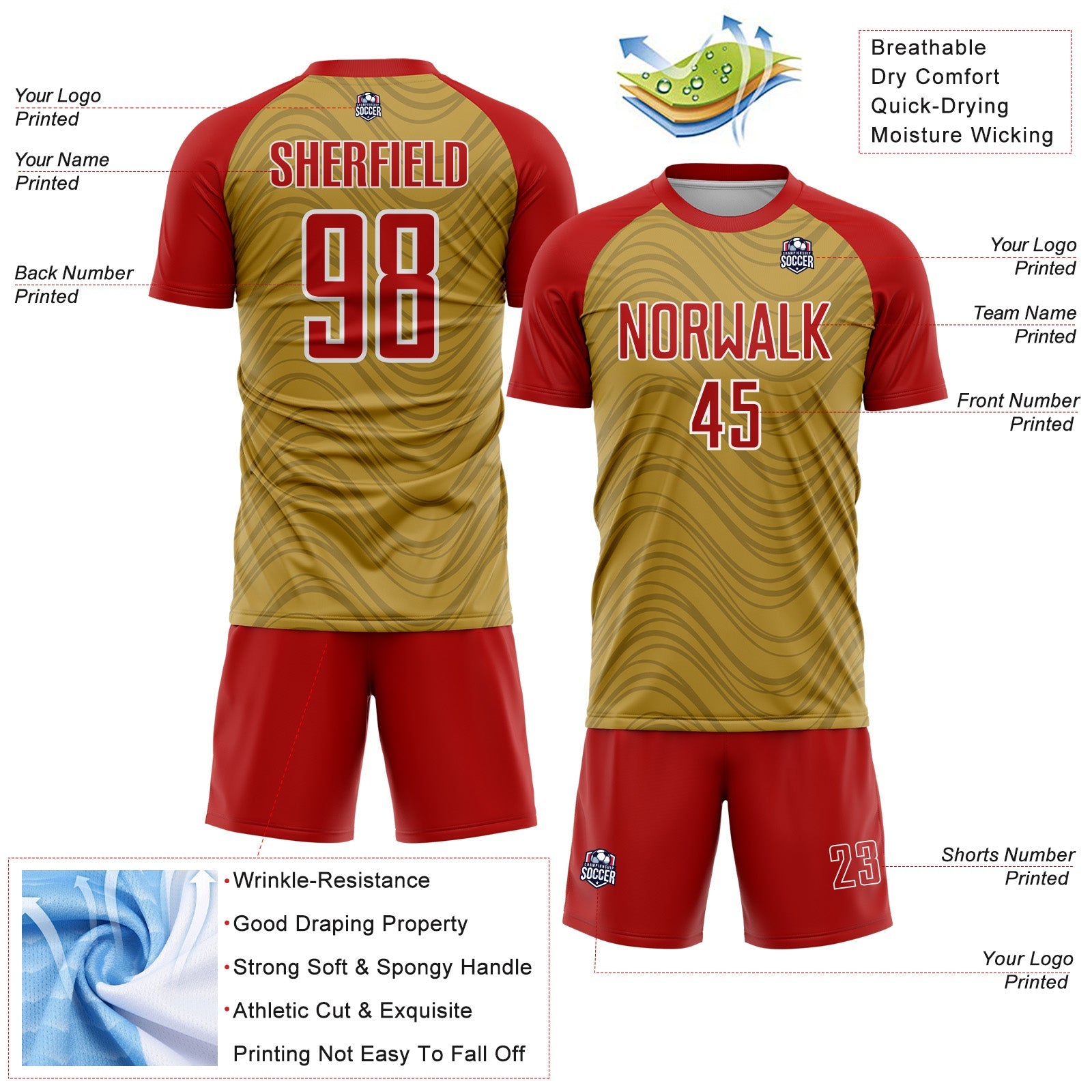 Custom Old Gold Red-White Wavy Lines Sports Sublimation Soccer Uniform Jersey
