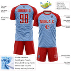 Custom Light Blue Red-White Wavy Lines Sports Sublimation Soccer Uniform Jersey