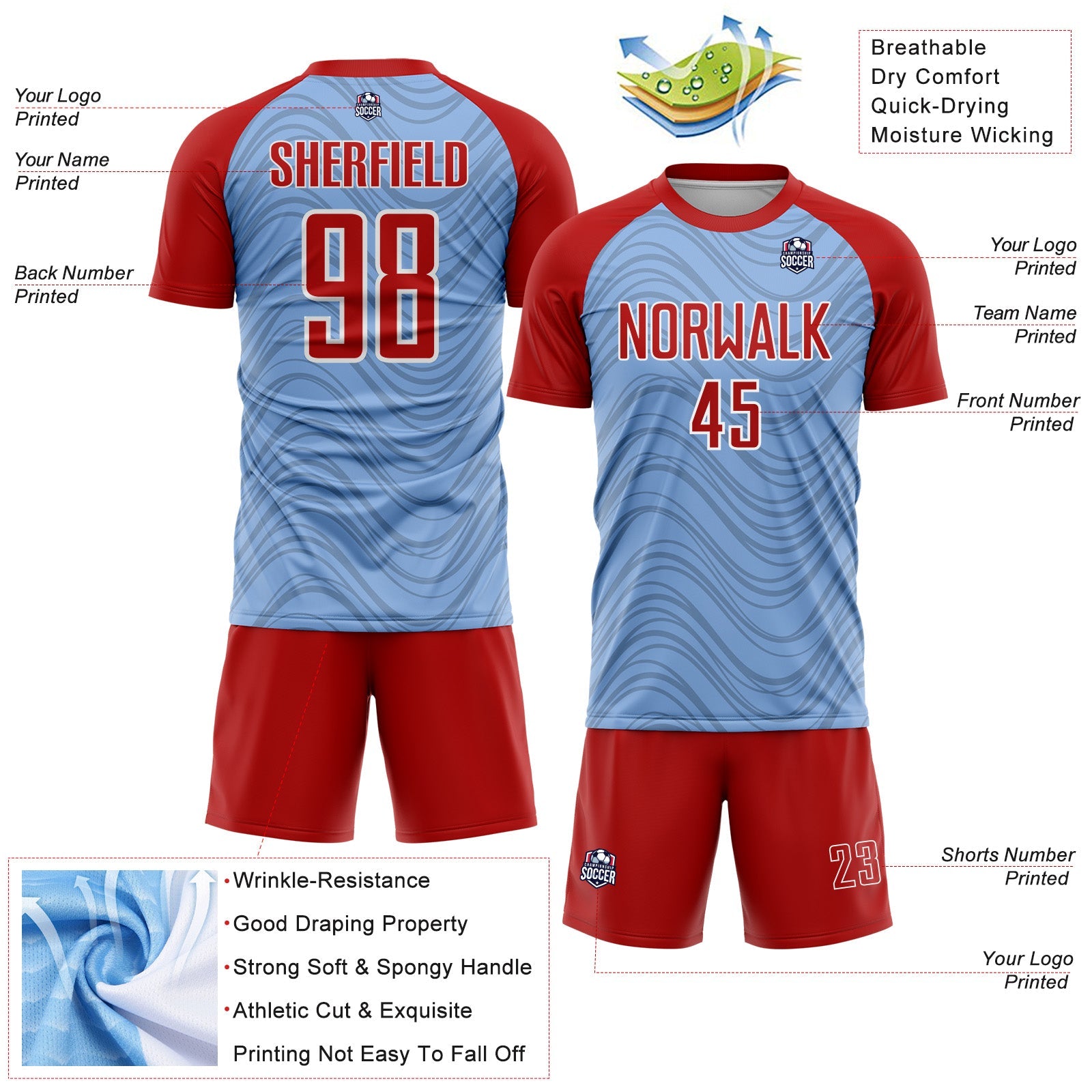Custom Light Blue Red-White Wavy Lines Sports Sublimation Soccer Uniform Jersey