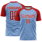Custom Light Blue Red-White Wavy Lines Sports Sublimation Soccer Uniform Jersey