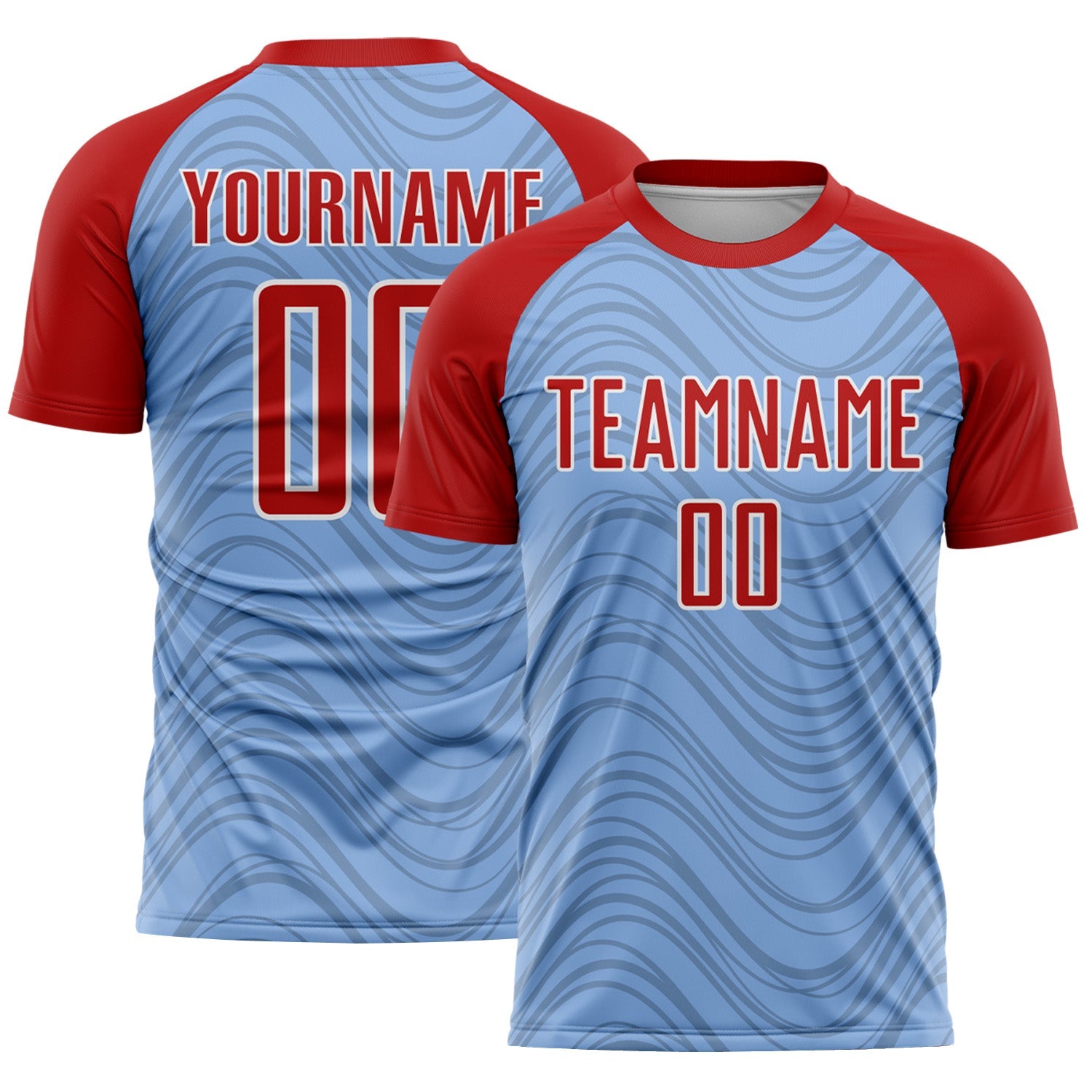 Custom Light Blue Red-White Wavy Lines Sports Sublimation Soccer Uniform Jersey