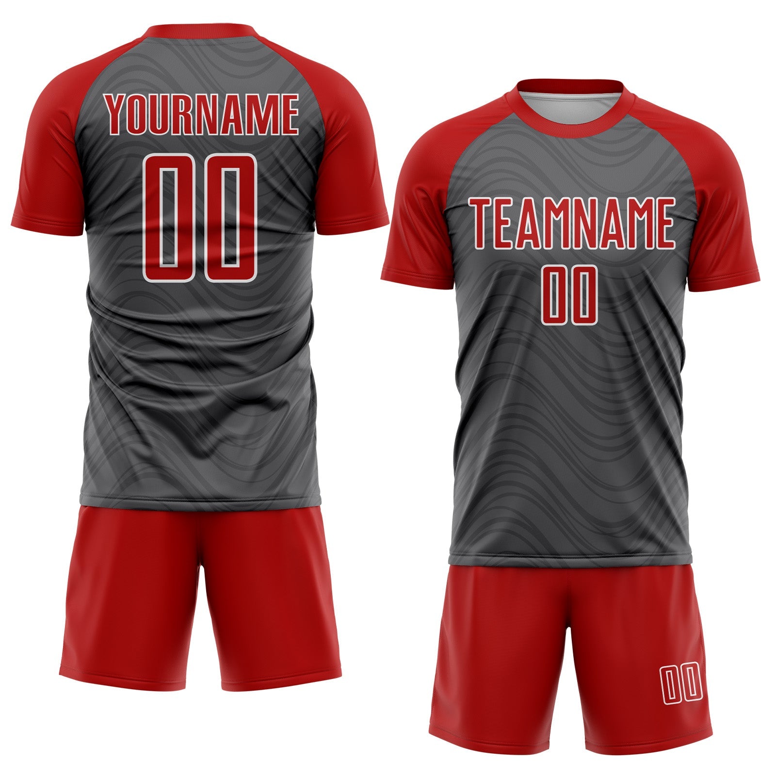 Custom Steel Gray Red-White Wavy Lines Sports Sublimation Soccer Uniform Jersey