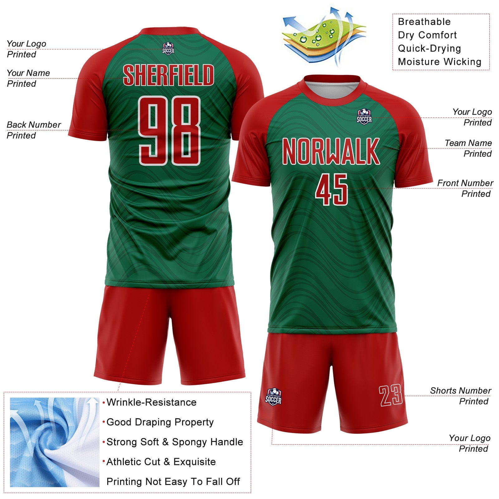 Custom Kelly Green Red-White Wavy Lines Sports Sublimation Soccer Uniform Jersey