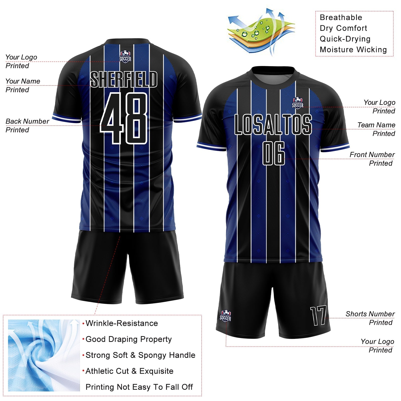 Custom Black Royal-White Pinstripe Line Sports Sublimation Soccer Uniform Jersey