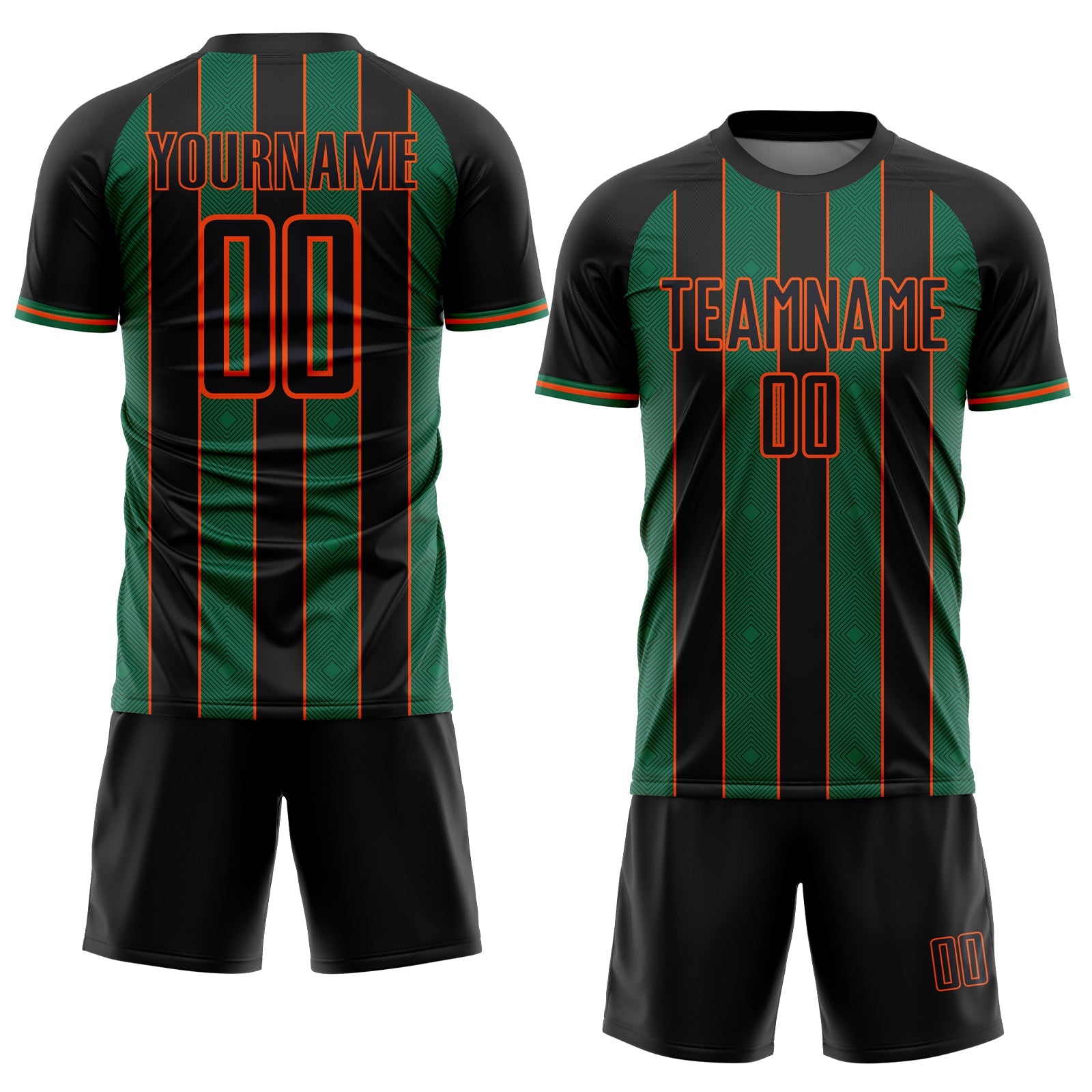 Custom Black Kelly Green-Orange Pinstripe Line Sports Sublimation Soccer Uniform Jersey