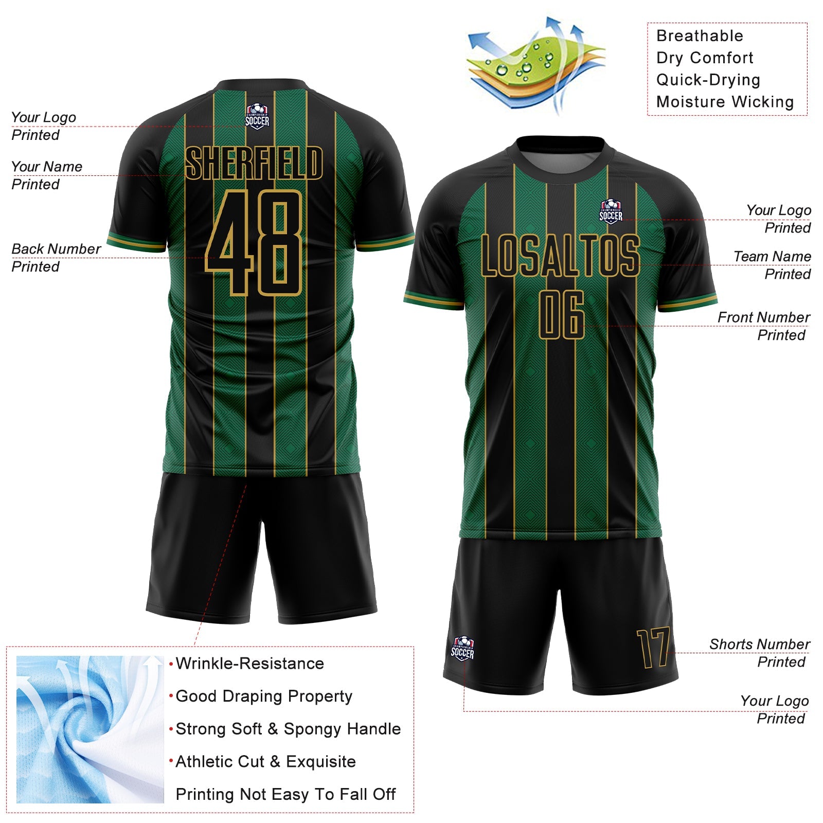 Custom Black Kelly Green-Old Gold Pinstripe Line Sports Sublimation Soccer Uniform Jersey
