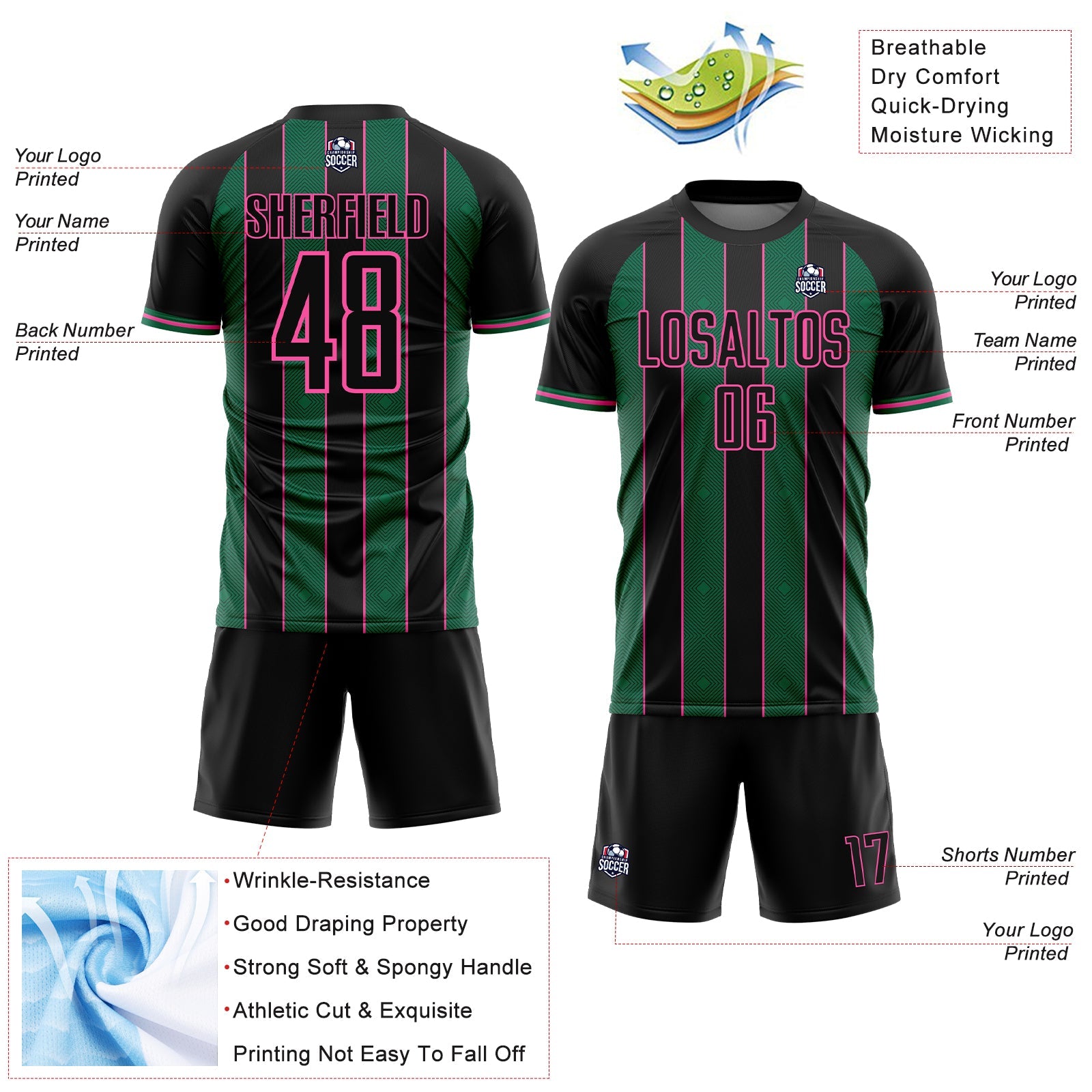 Custom Black Kelly Green-Pink Pinstripe Line Sports Sublimation Soccer Uniform Jersey