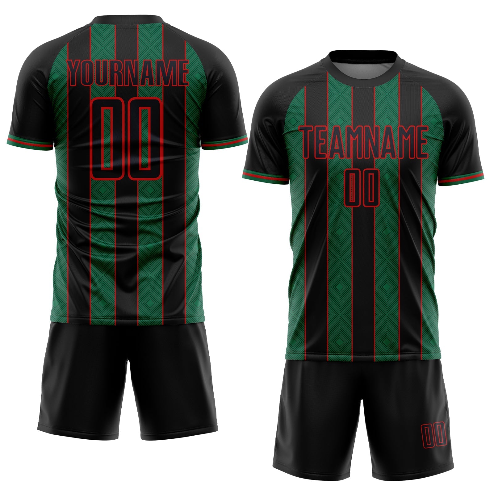 Custom Black Kelly Green-Red Pinstripe Line Sports Sublimation Soccer Uniform Jersey