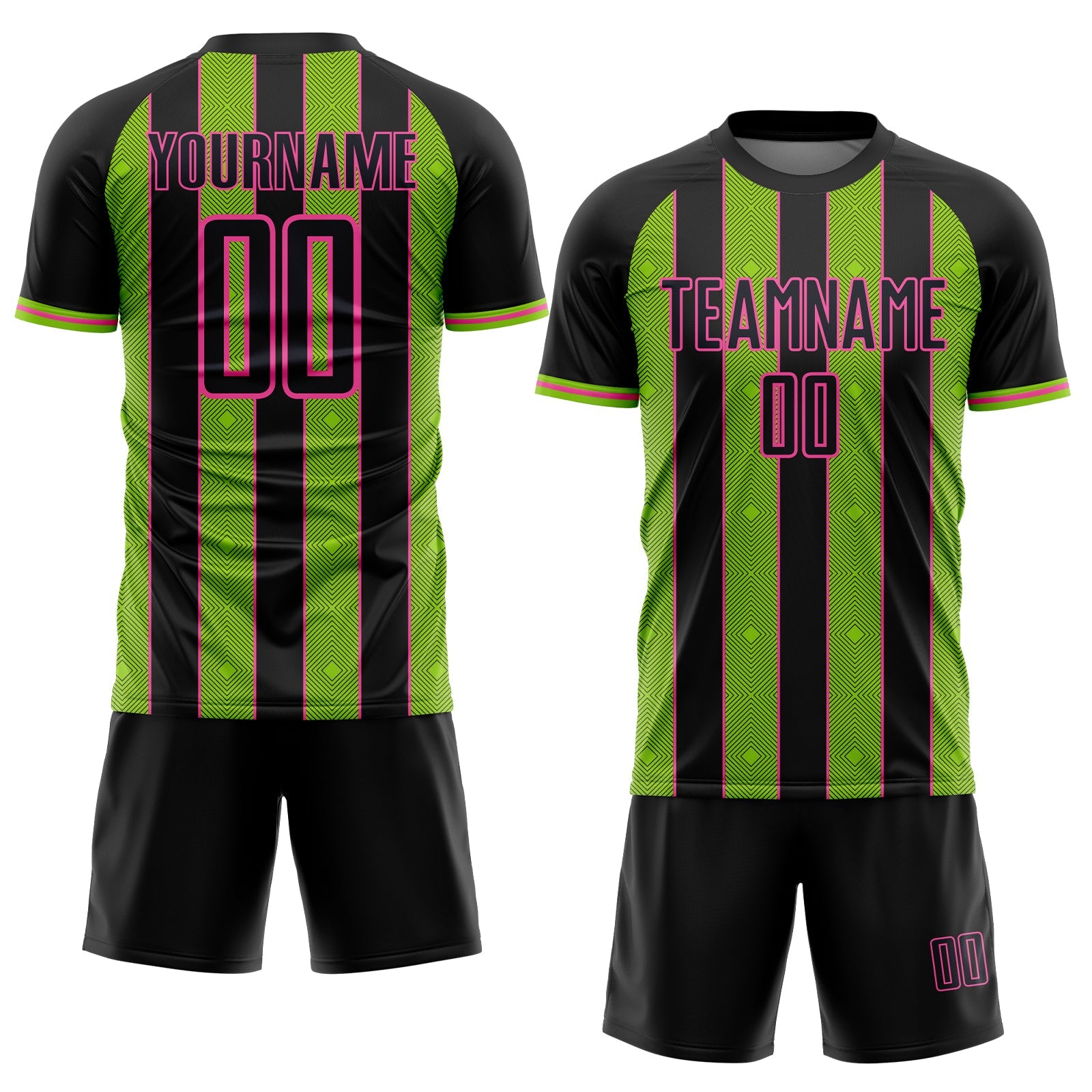 Custom Black Neon Green-Pink Pinstripe Line Sports Sublimation Soccer Uniform Jersey