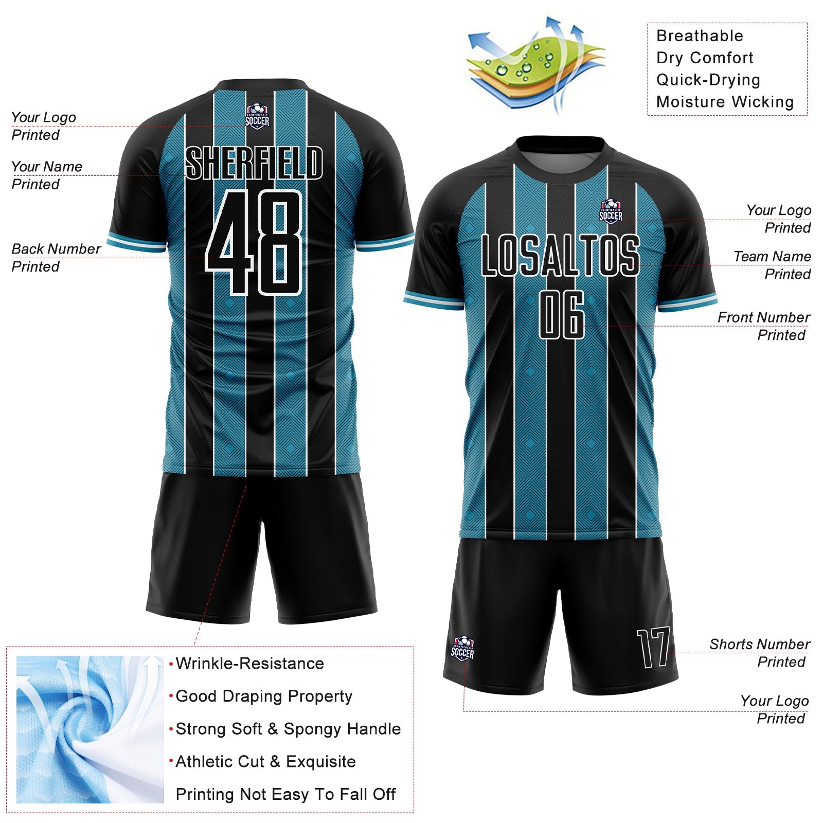 Custom Black Panther Blue-White Pinstripe Line Sports Sublimation Soccer Uniform Jersey