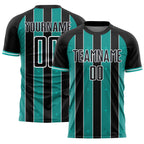Custom Black Aqua-White Pinstripe Line Sports Sublimation Soccer Uniform Jersey