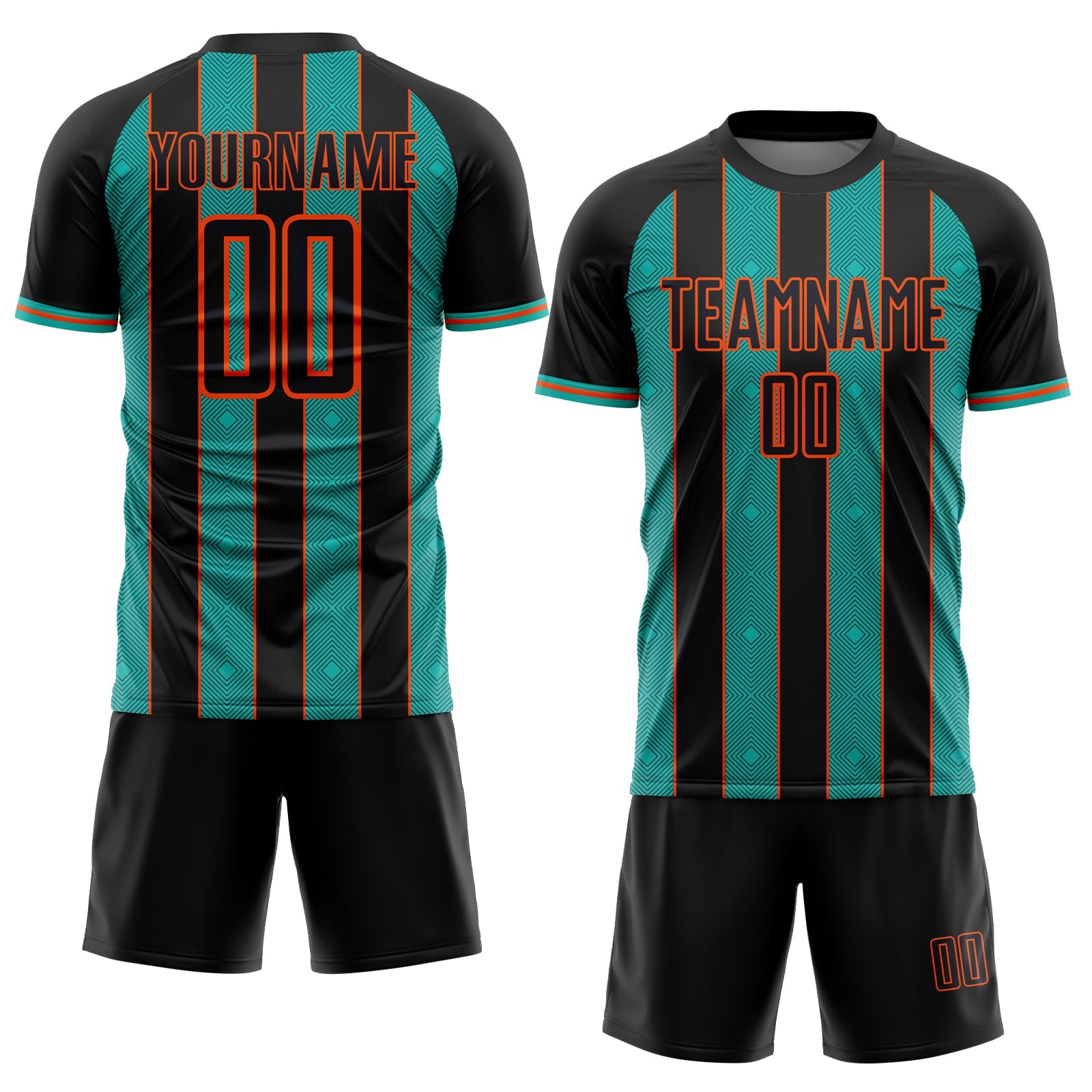 Custom Black Aqua-Orange Pinstripe Line Sports Sublimation Soccer Uniform Jersey