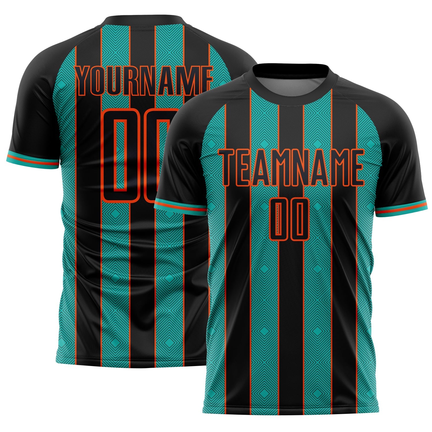 Custom Black Aqua-Orange Pinstripe Line Sports Sublimation Soccer Uniform Jersey