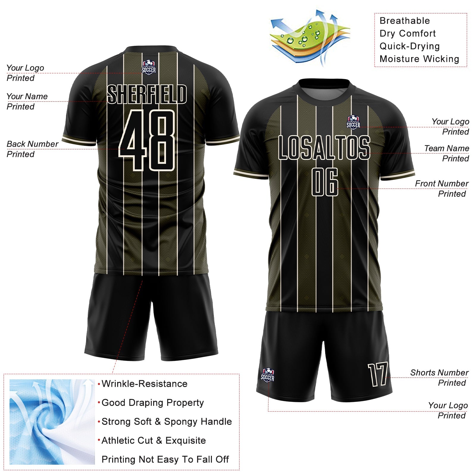 Custom Black Olive-Cream Pinstripe Line Sports Sublimation Soccer Uniform Jersey