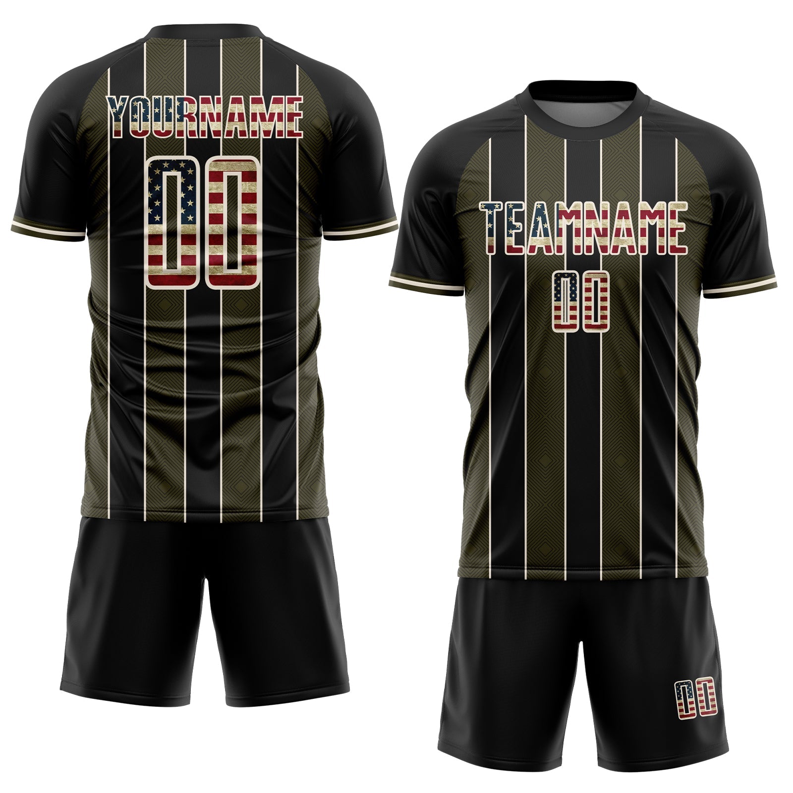 Custom Black Vintage USA Flag Olive-Cream Pinstripe Line Sports Sublimation Soccer Uniform Jersey