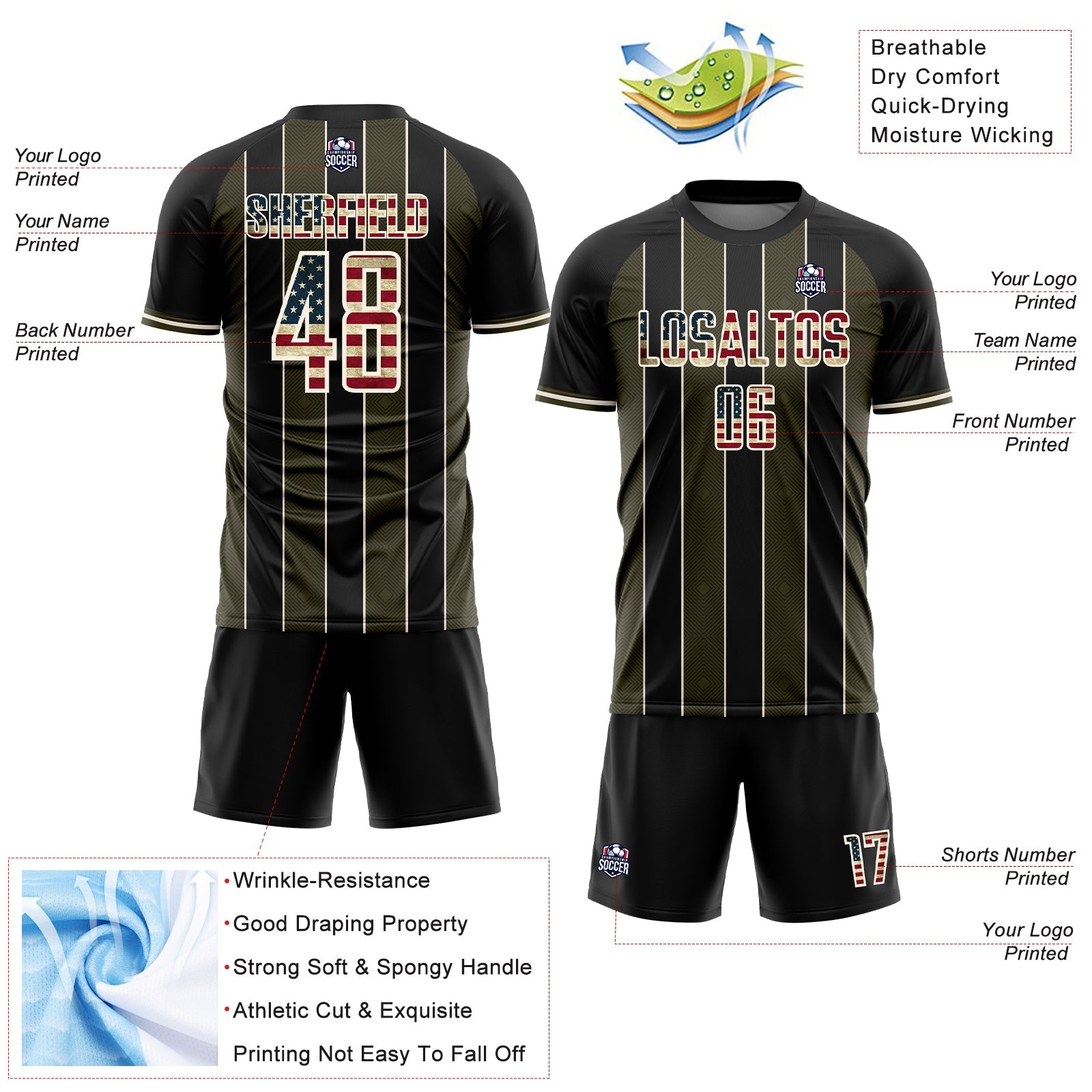 Custom Black Vintage USA Flag Olive-Cream Pinstripe Line Sports Sublimation Soccer Uniform Jersey