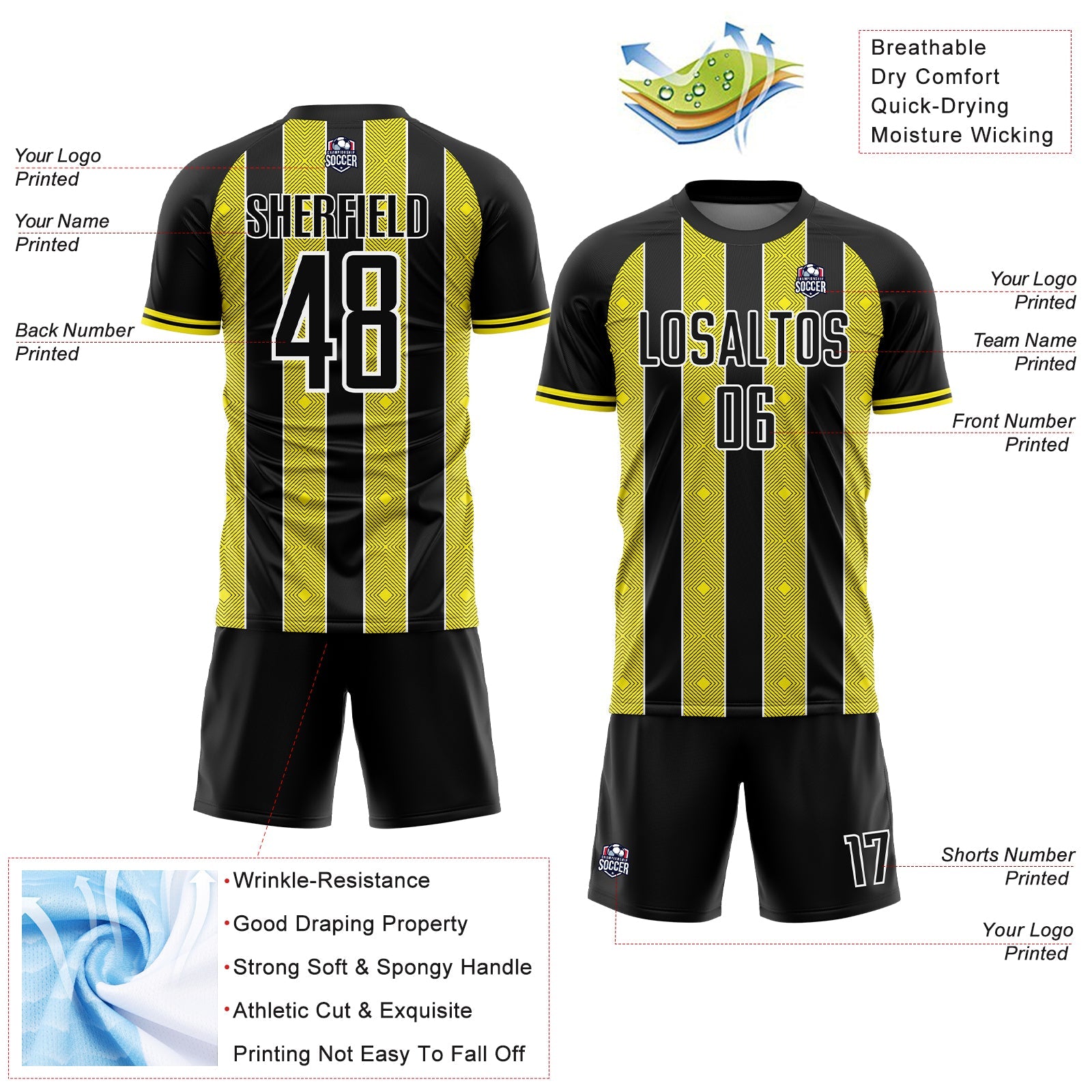 Custom Black Light Yellow-White Pinstripe Line Sports Sublimation Soccer Uniform Jersey