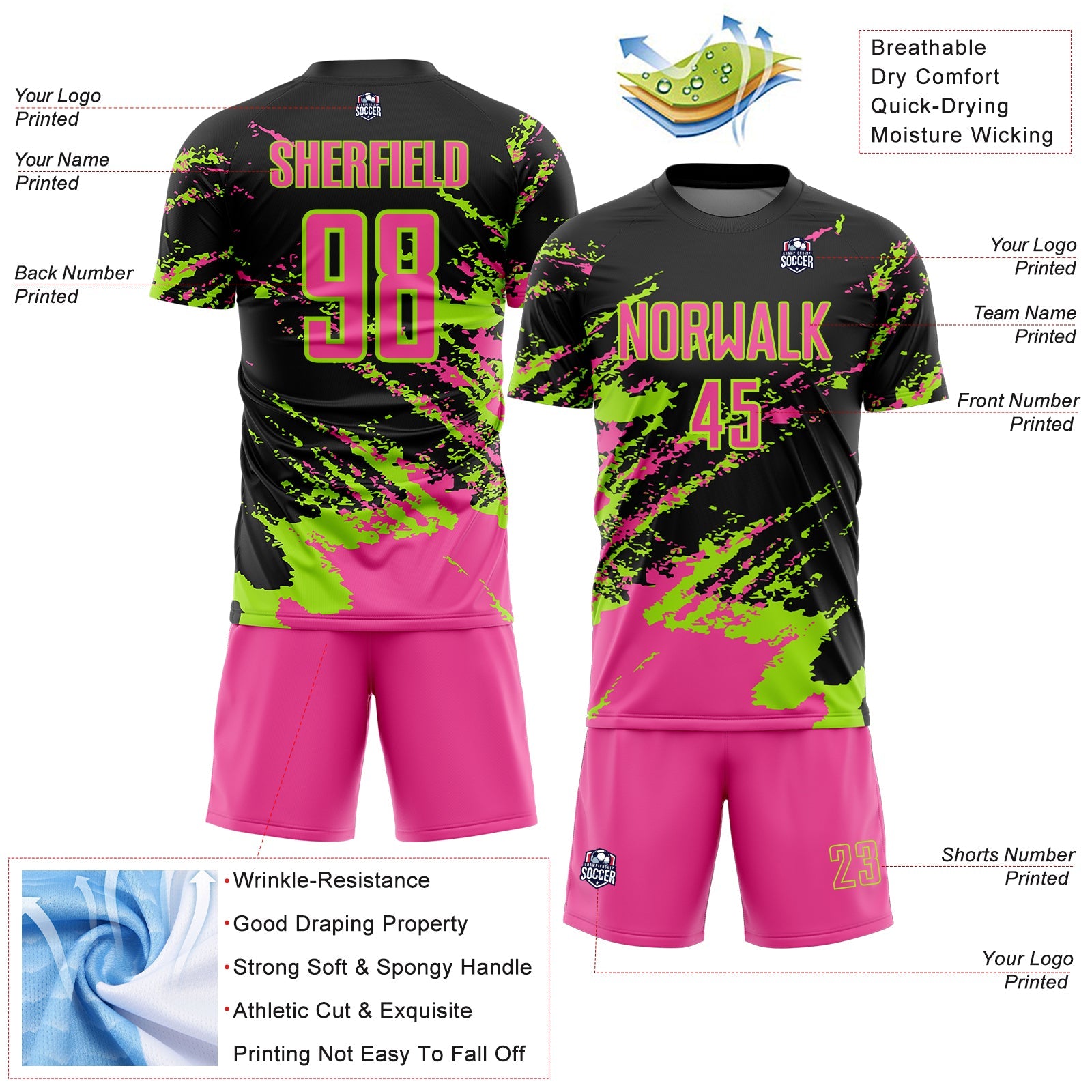Custom Black Pink-Neon Green Abstract Fragment Art Splash Sports Sublimation Soccer Uniform Jersey