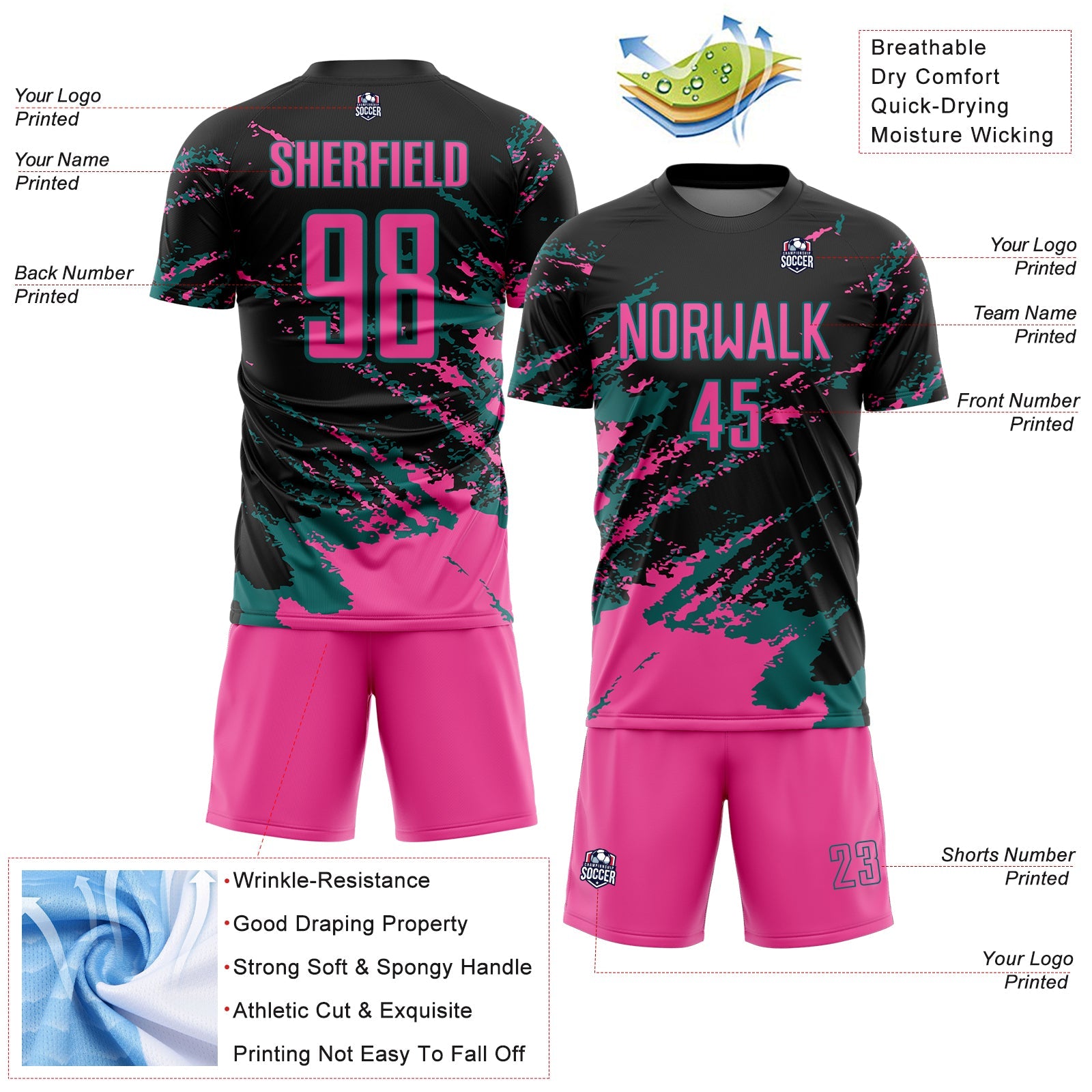 Custom Black Pink-Teal Abstract Fragment Art Splash Sports Sublimation Soccer Uniform Jersey