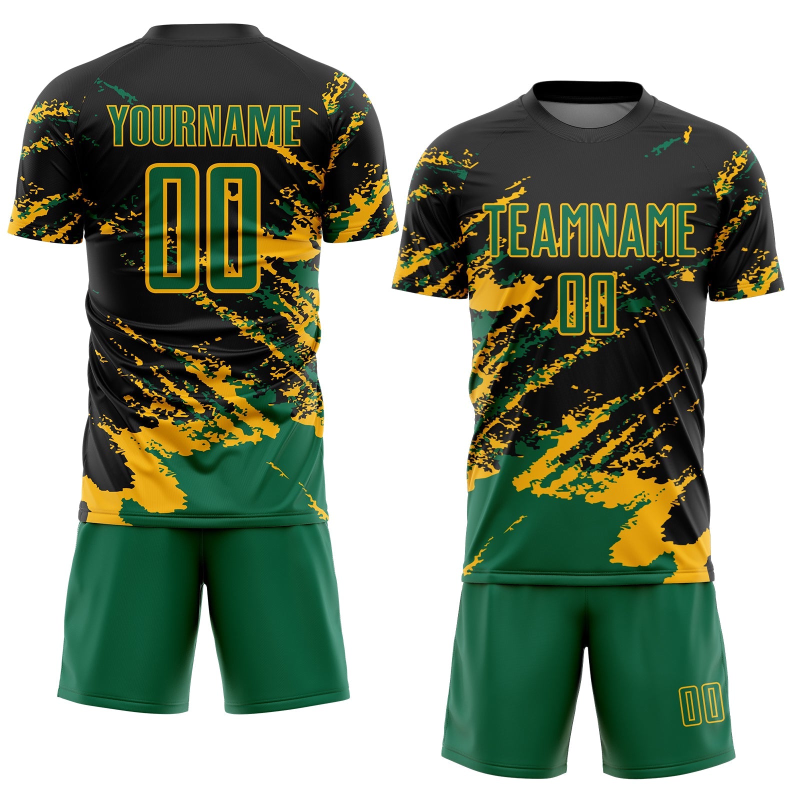 Custom Black Kelly Green-Gold Abstract Fragment Art Splash Sports Sublimation Soccer Uniform Jersey