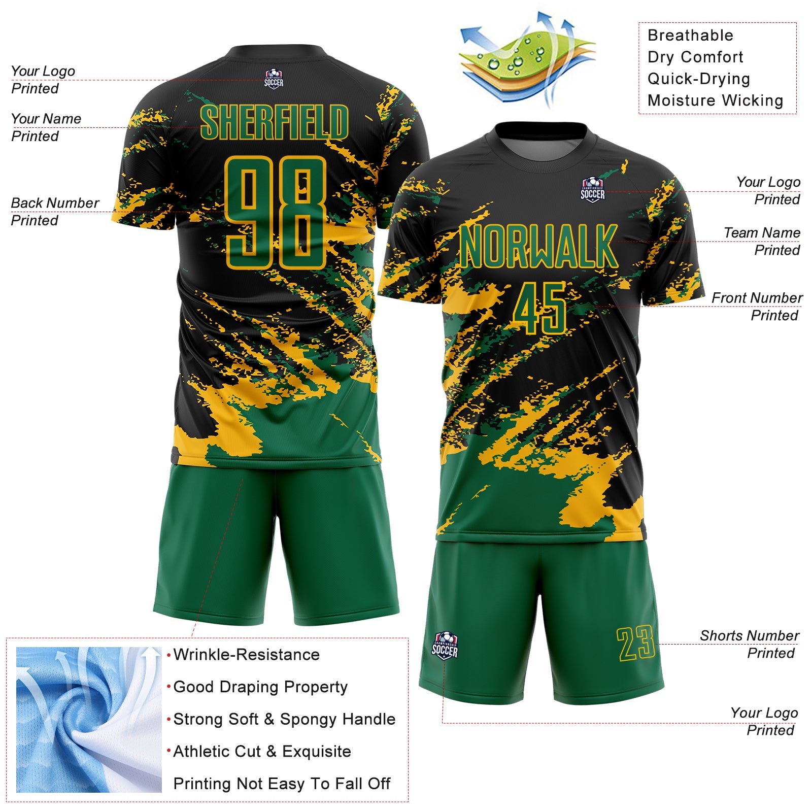 Custom Black Kelly Green-Gold Abstract Fragment Art Splash Sports Sublimation Soccer Uniform Jersey