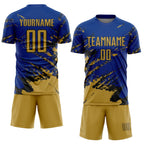 Custom Royal Old Gold-Black Abstract Fragment Art Splash Sports Sublimation Soccer Uniform Jersey