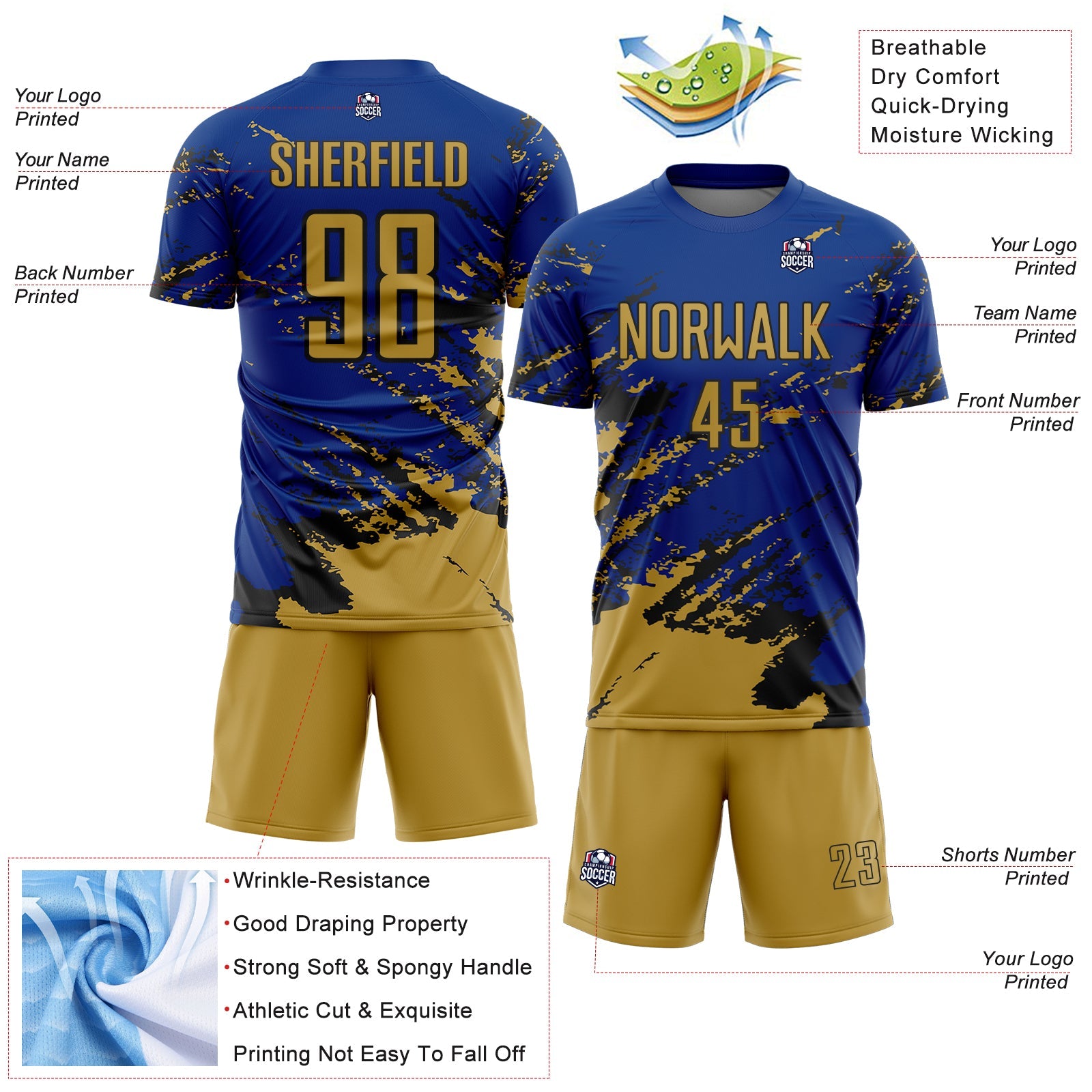 Custom Royal Old Gold-Black Abstract Fragment Art Splash Sports Sublimation Soccer Uniform Jersey