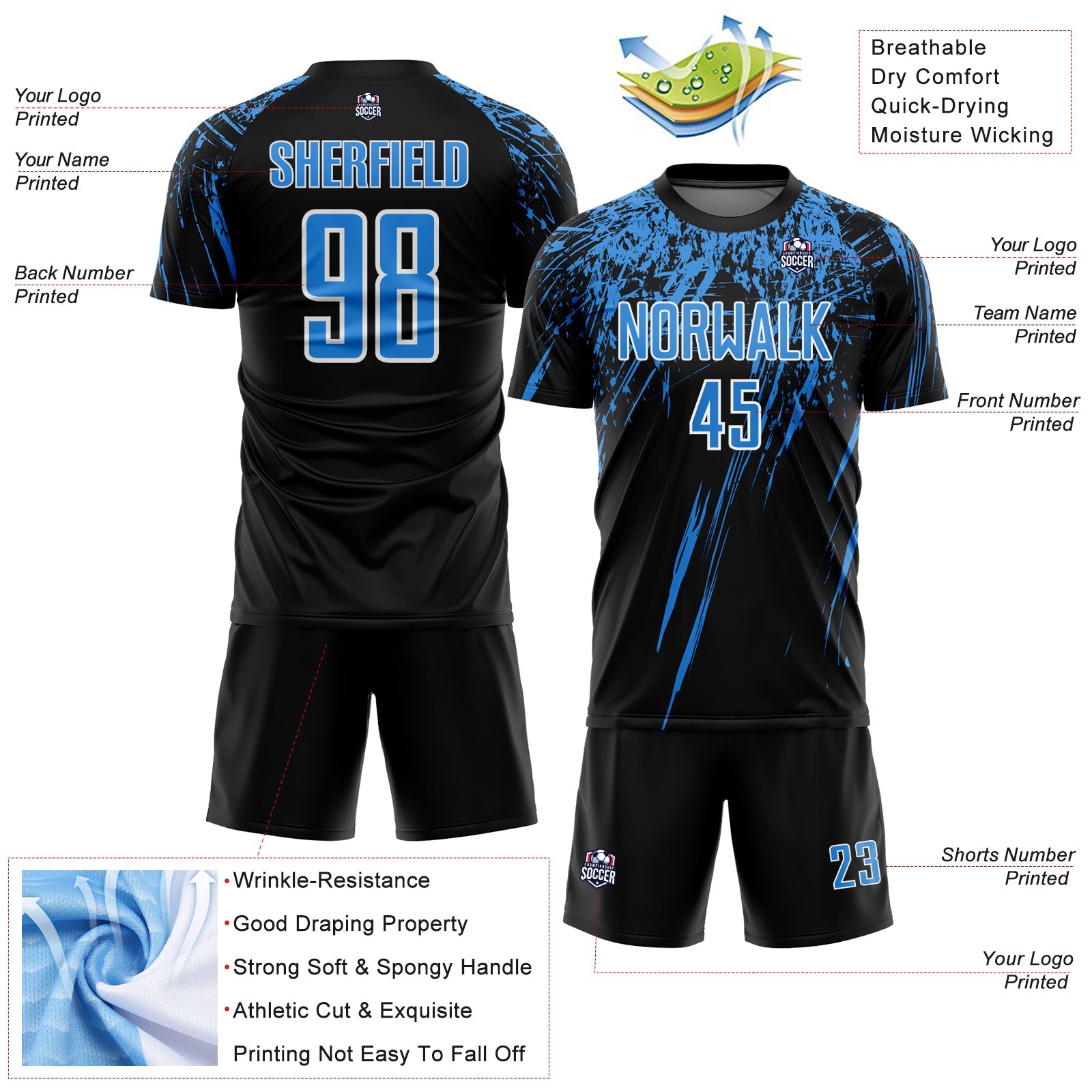 Custom Black Powder Blue-White Splash Sports Sublimation Soccer Uniform Jersey