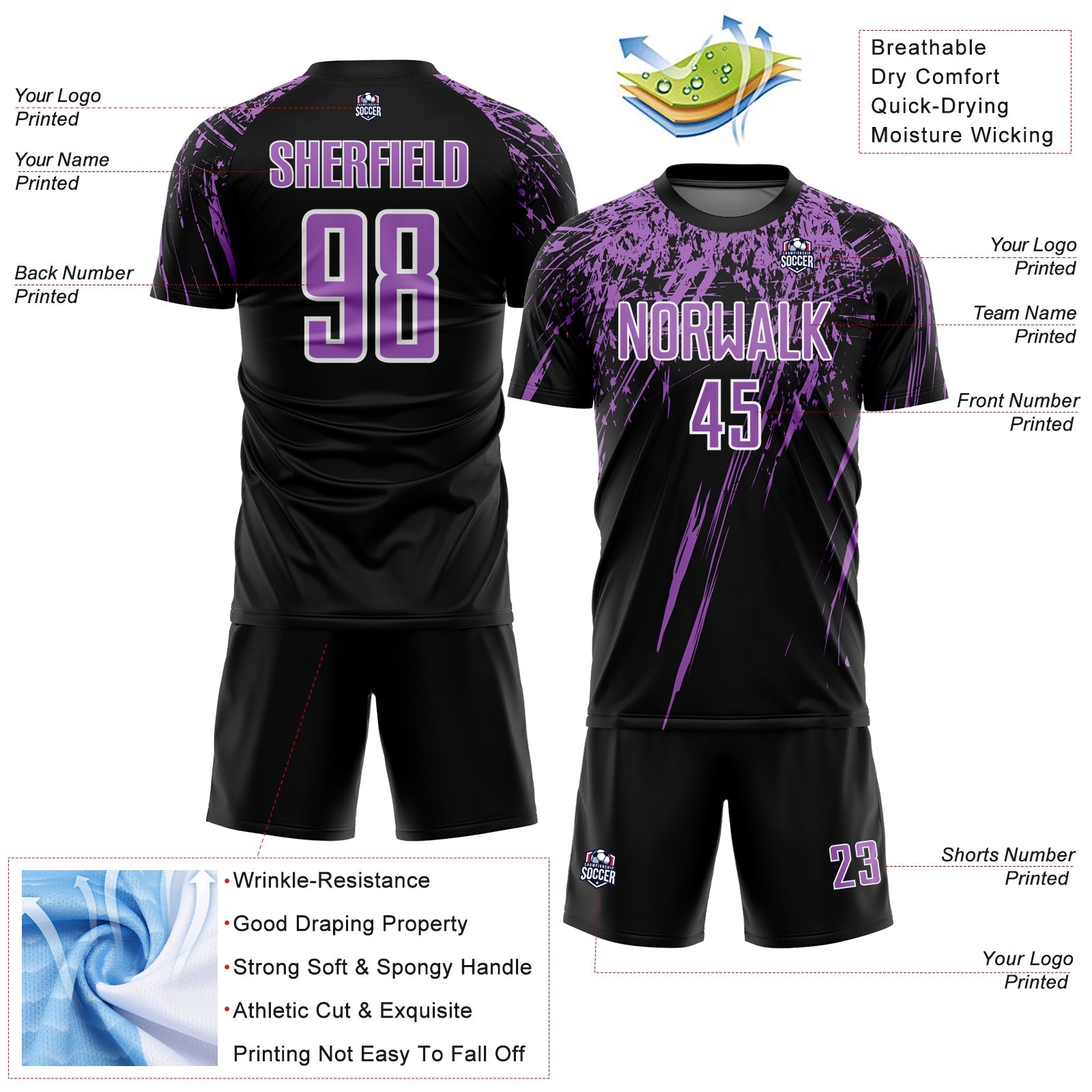 Custom Black Medium Purple-White Splash Sports Sublimation Soccer Uniform Jersey