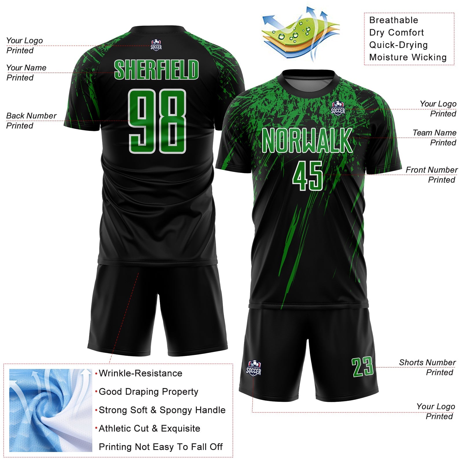 Custom Black Grass Green-White Splash Sports Sublimation Soccer Uniform Jersey
