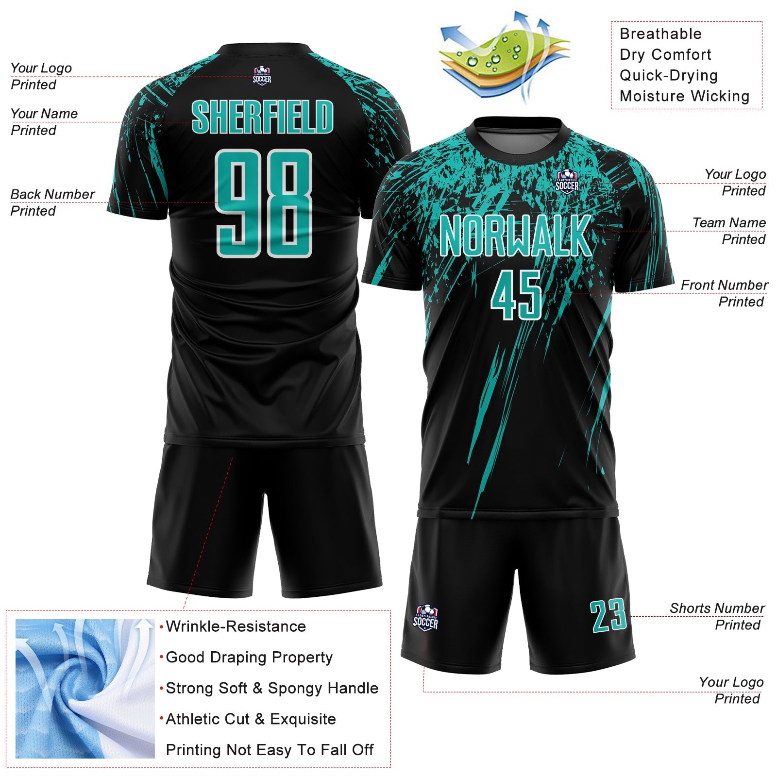 Custom Black Aqua-White Splash Sports Sublimation Soccer Uniform Jersey