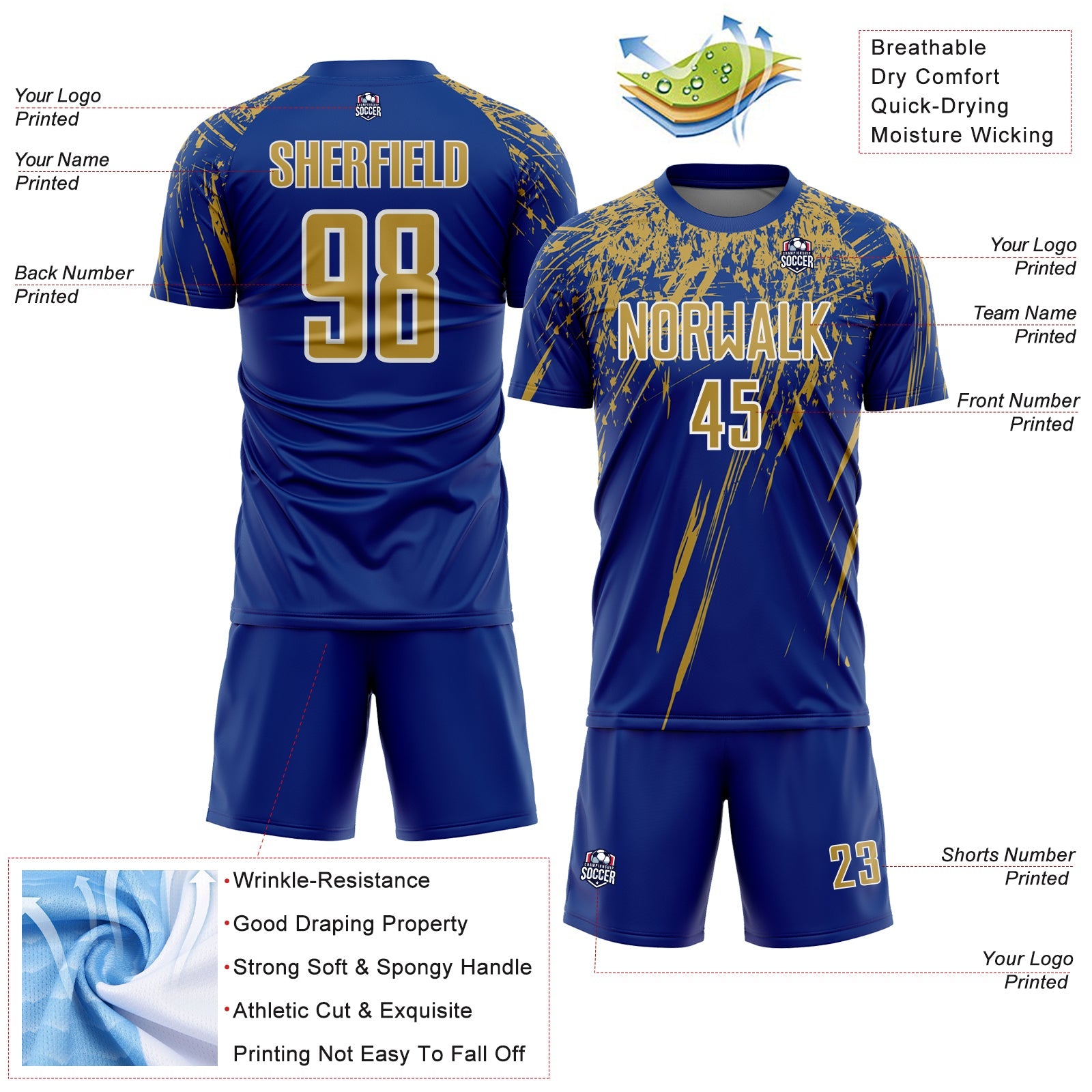 Custom Royal Old Gold-White Splash Sports Sublimation Soccer Uniform Jersey