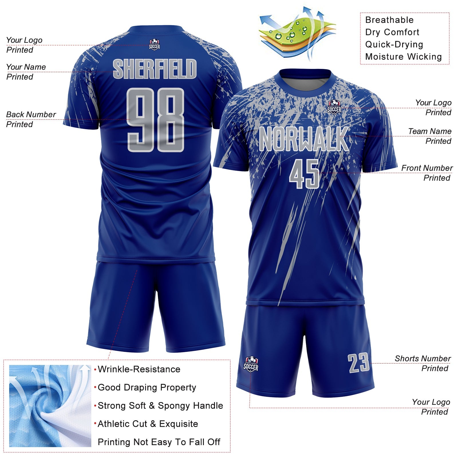 Custom Royal Gray-White Splash Sports Sublimation Soccer Uniform Jersey