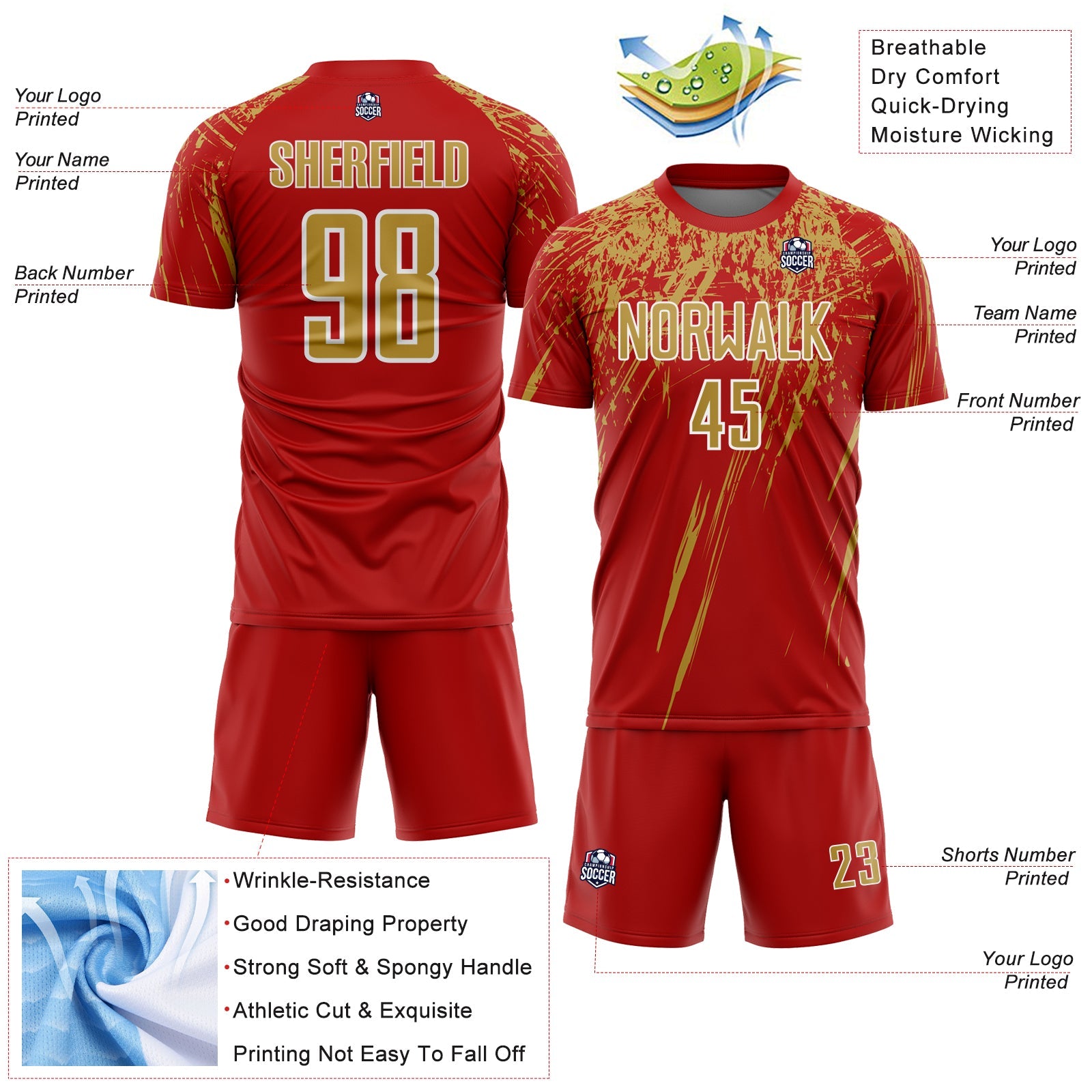 Custom Red Old Gold-White Splash Sports Sublimation Soccer Uniform Jersey