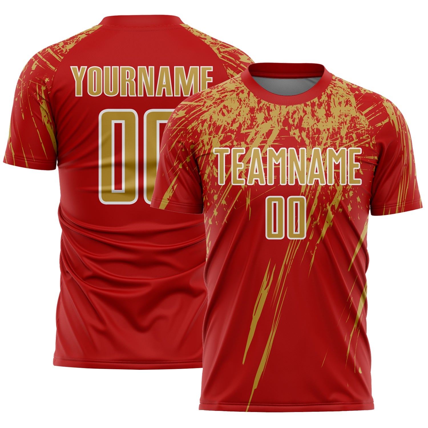 Custom Red Old Gold-White Splash Sports Sublimation Soccer Uniform Jersey