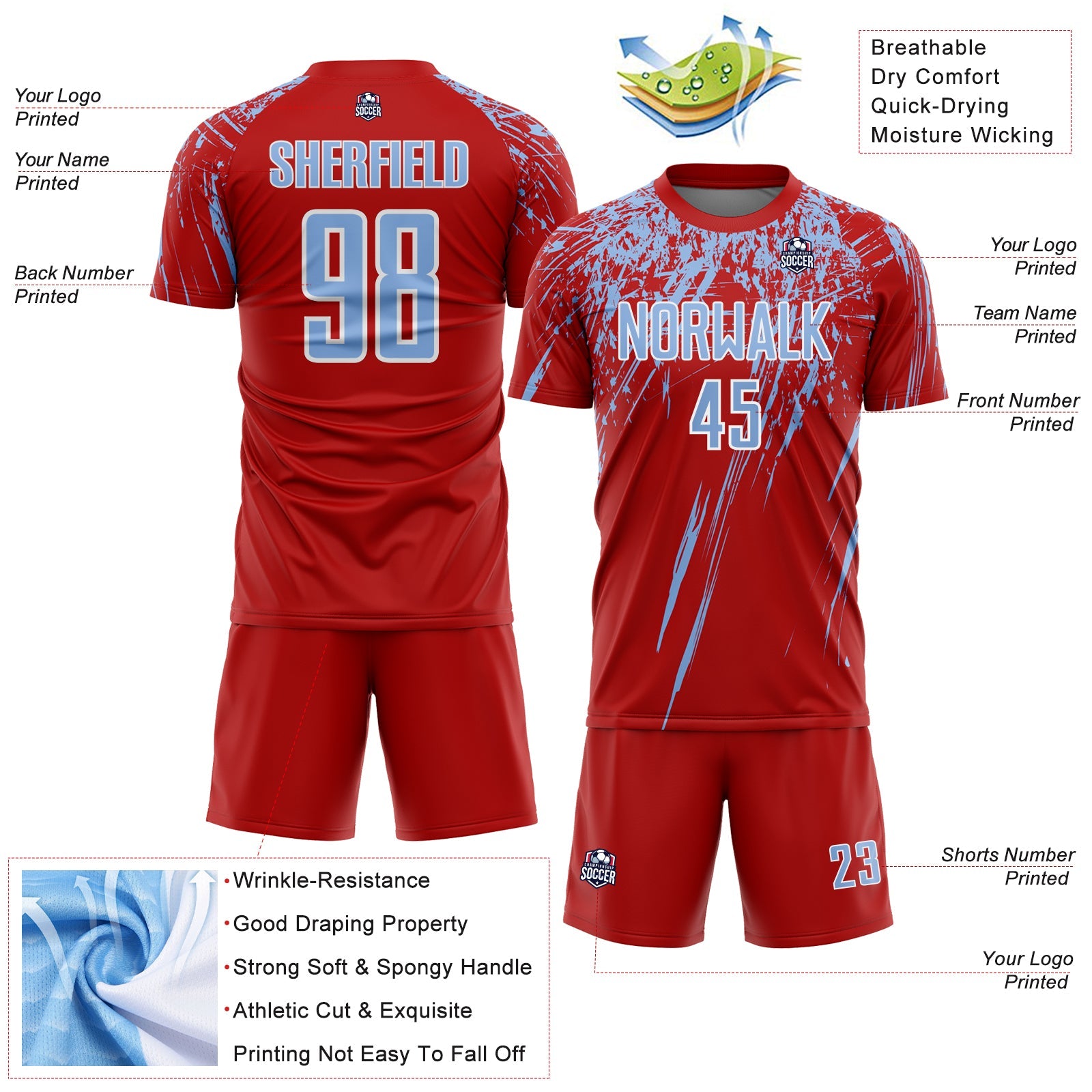 Custom Red Light Blue-White Splash Sports Sublimation Soccer Uniform Jersey