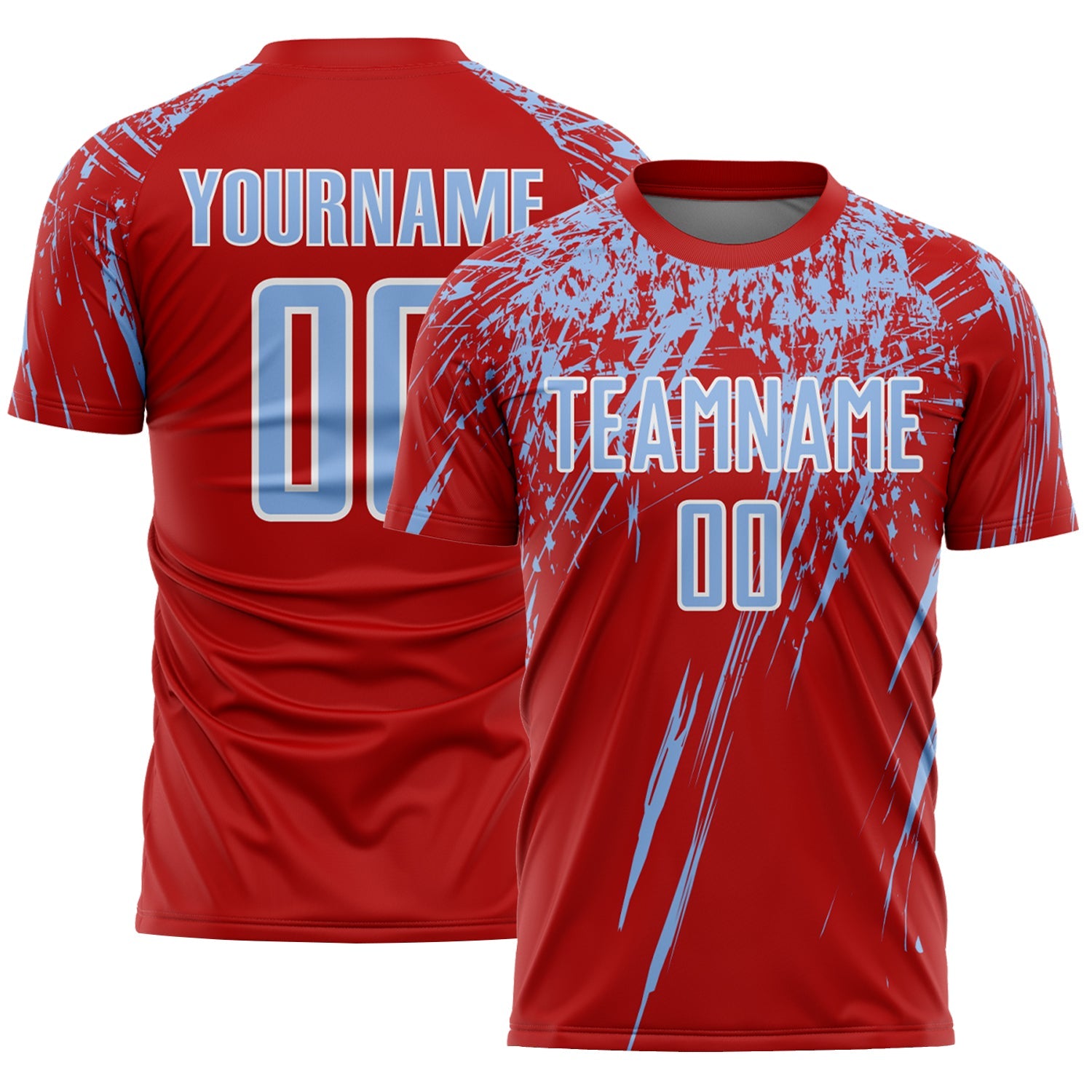 Custom Red Light Blue-White Splash Sports Sublimation Soccer Uniform Jersey