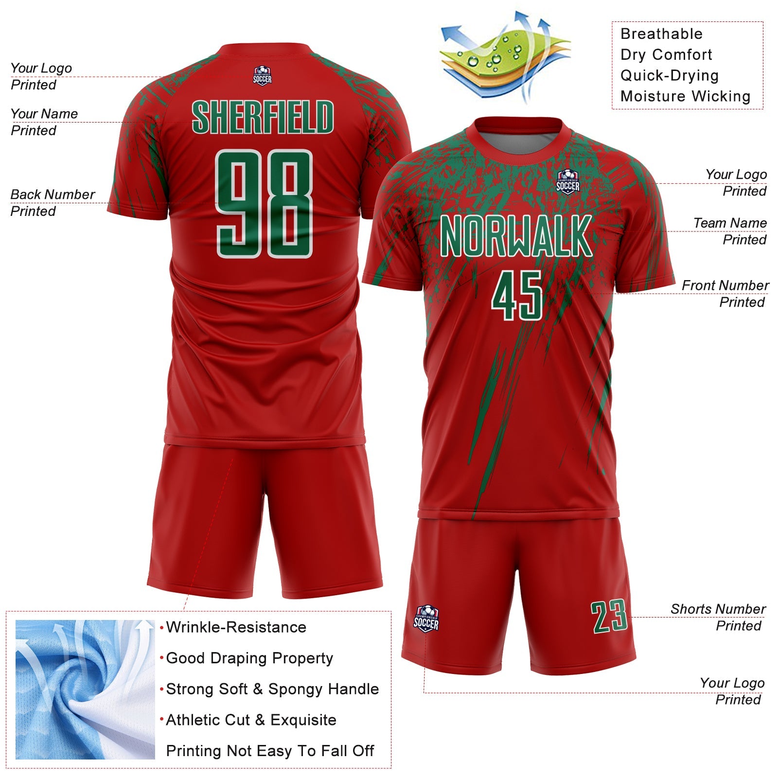 Custom Red Kelly Green-White Splash Sports Sublimation Soccer Uniform Jersey