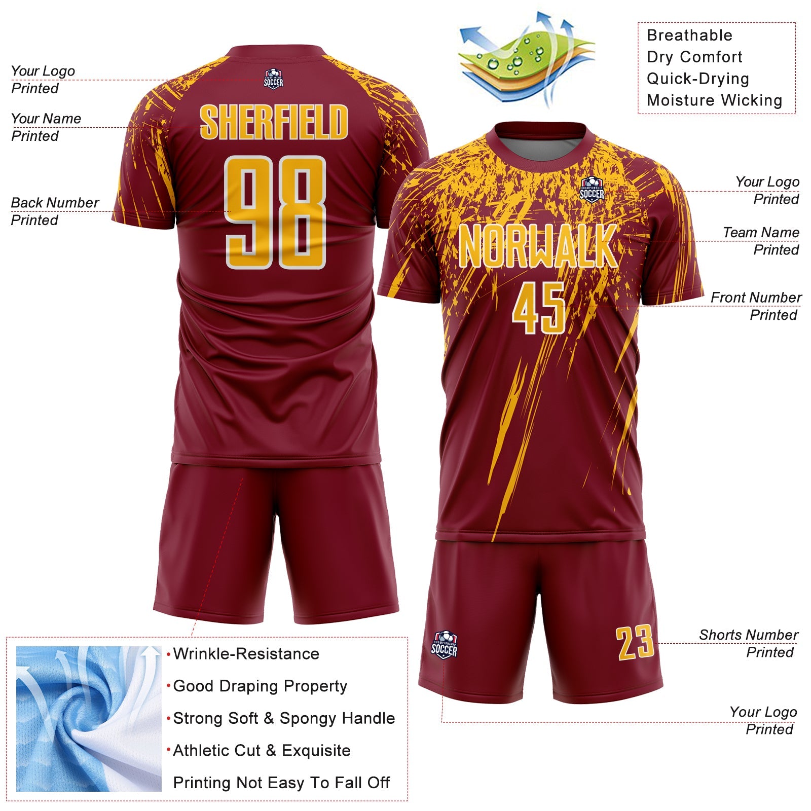 Custom Crimson Gold-White Splash Sports Sublimation Soccer Uniform Jersey