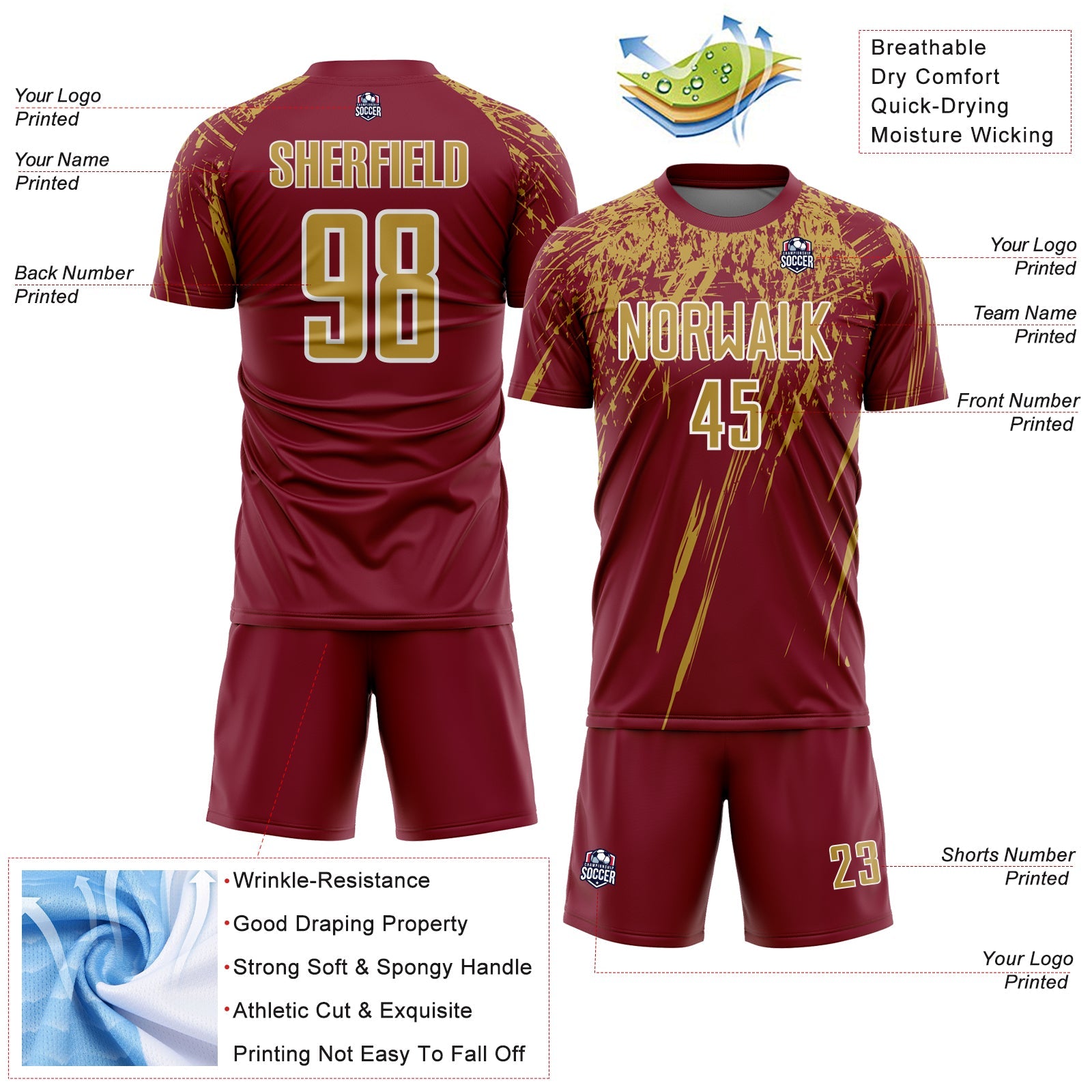Custom Crimson Old Gold-White Splash Sports Sublimation Soccer Uniform Jersey