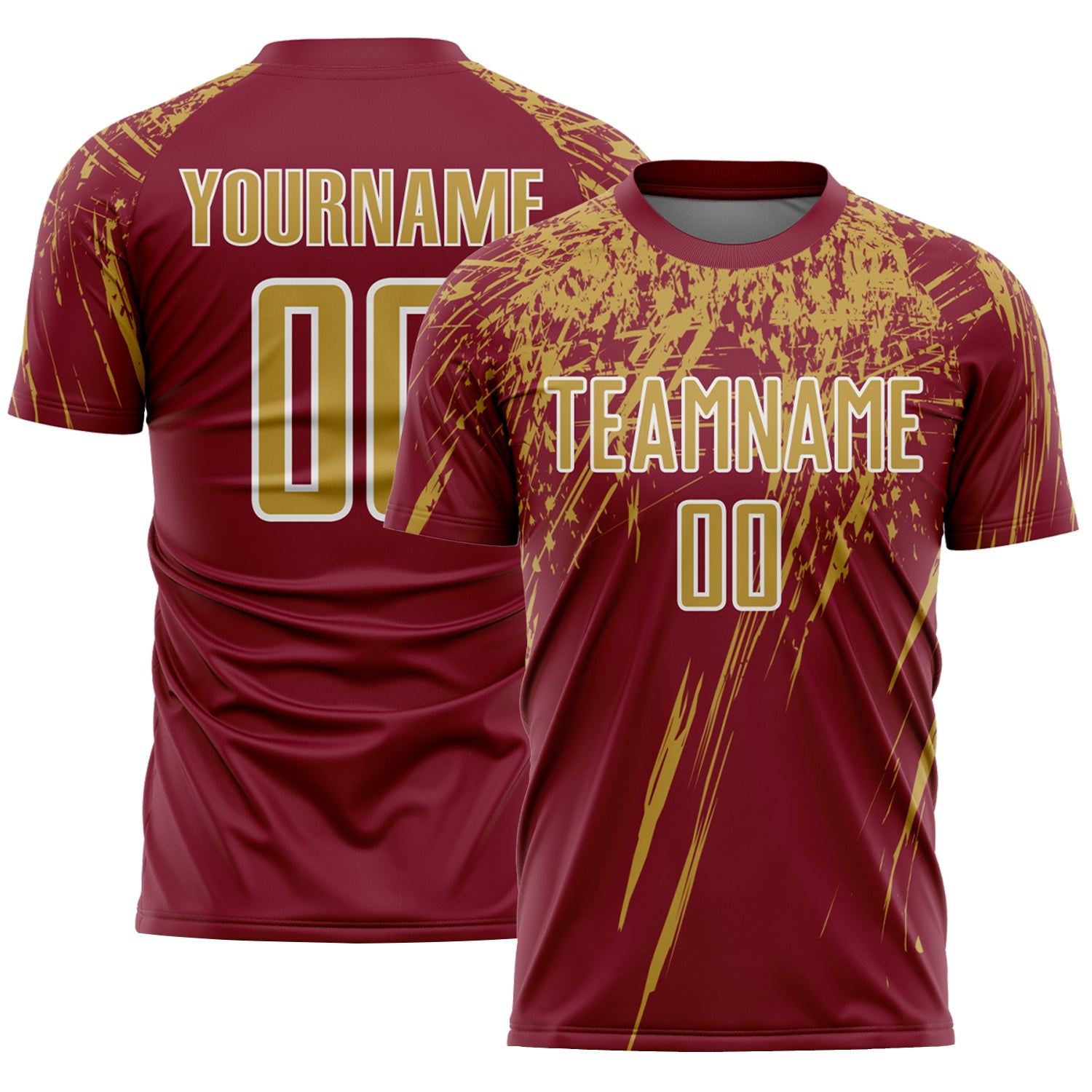 Custom Crimson Old Gold-White Splash Sports Sublimation Soccer Uniform Jersey